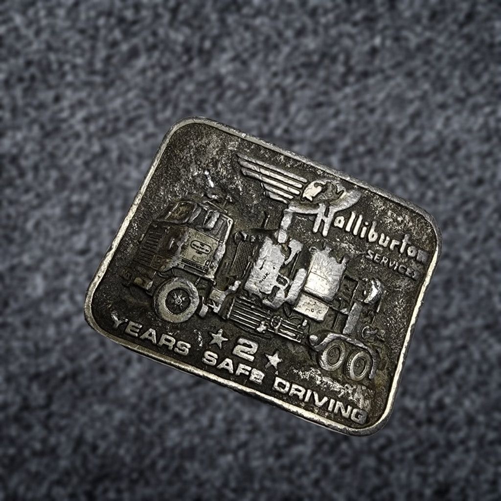 Vintage VINTAGE Halliburton Pumper Truck Belt Buckle Mens 2 Years Safe Driver Gray Halliburton Occupational 1980s Size ONE SIZE - 1 Thumbnail