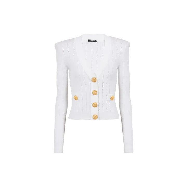 Balmain Balmain White Button Detail Knit Top -2507 Size US M / EU 48-50 / 2 - 2 Thumbnail
