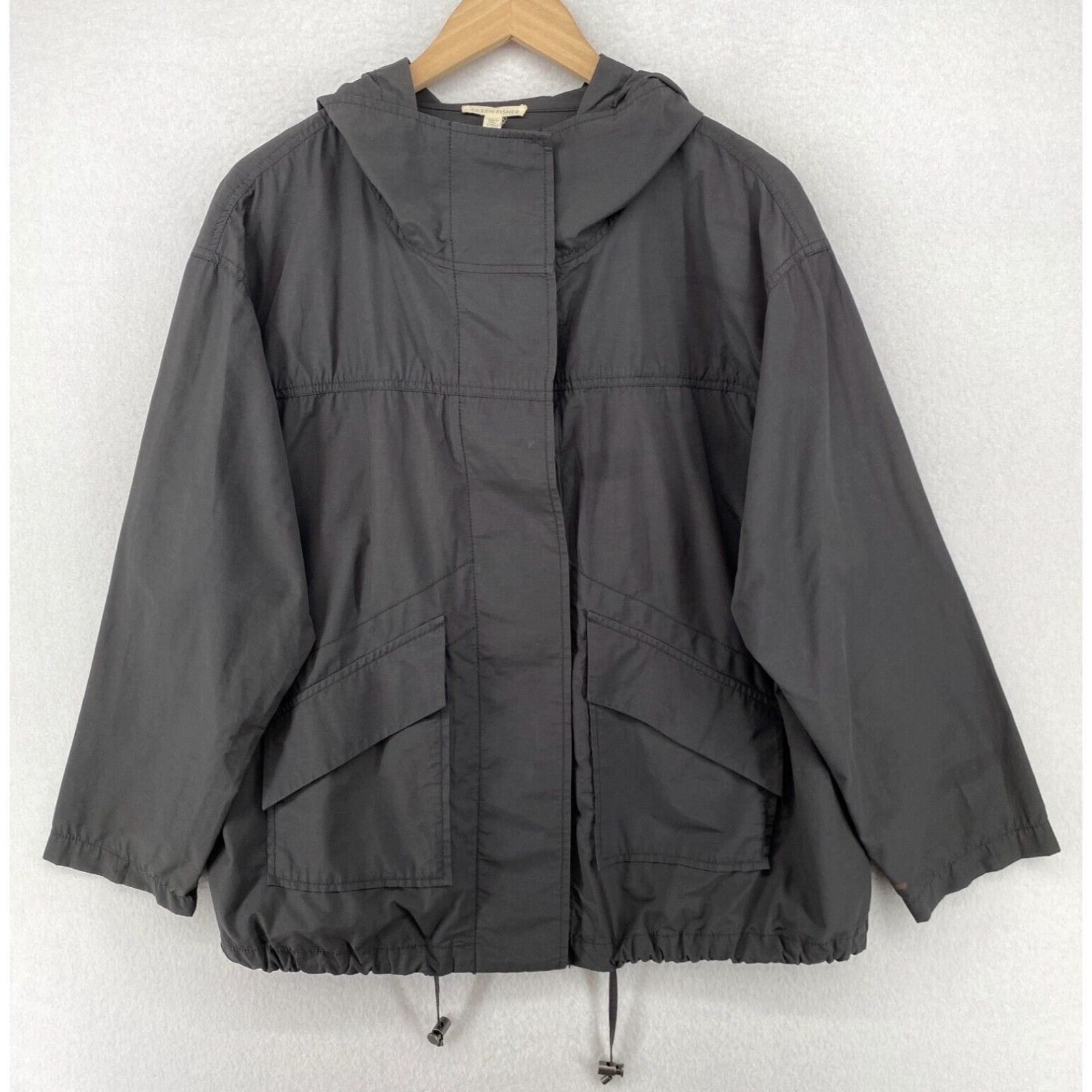 image of Eileen Fisher Jacket L Organic Cotton Nylon Hooded Hidden Button Front Gray in White, Women's (Size