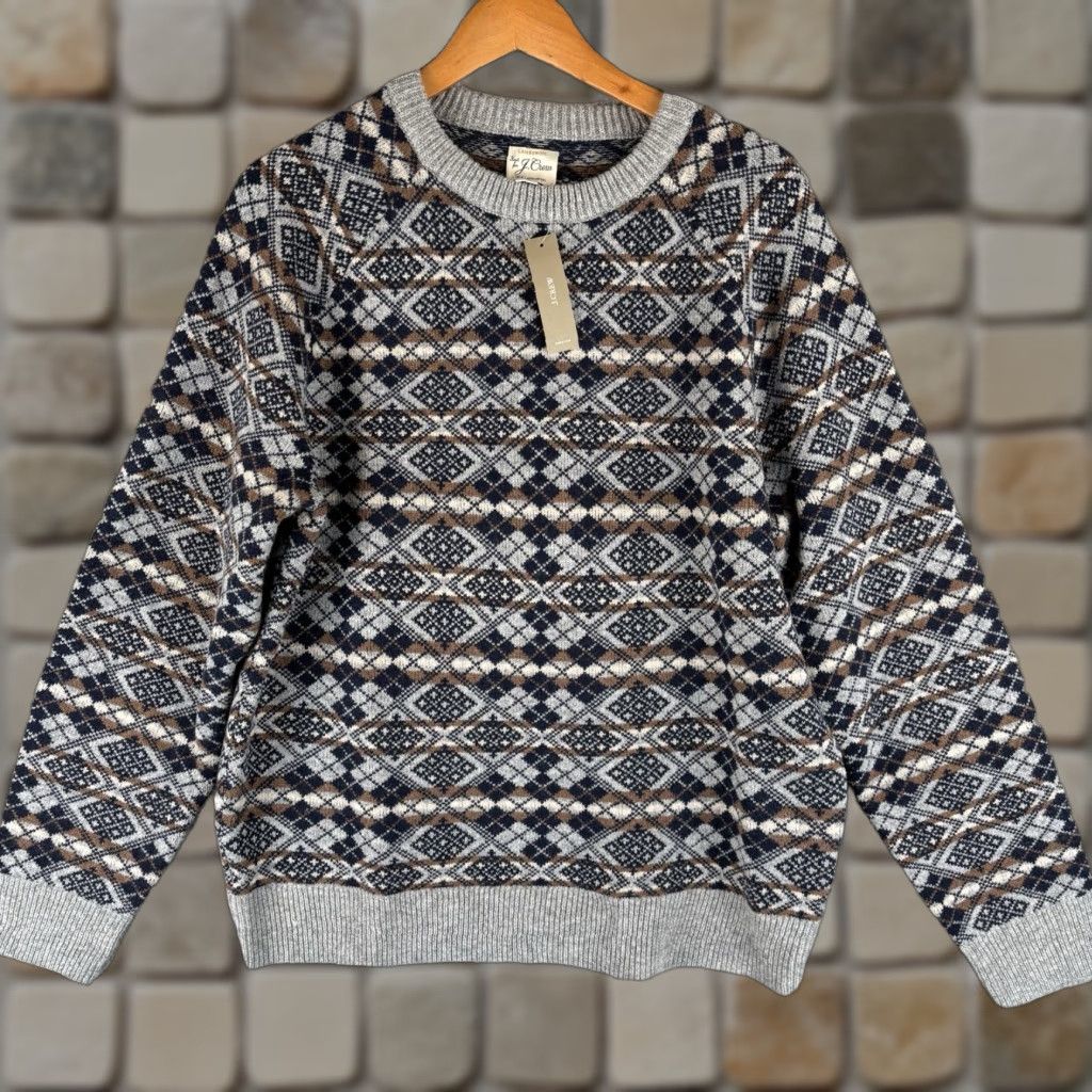J.Crew J.Crew Sweater Mens Large 100% Lambswool Gray Navy Fair Isle Print New w/Tags Pullover Knit Crew Neck Size US L / EU 52-54 / 3 - 1 Thumbnail