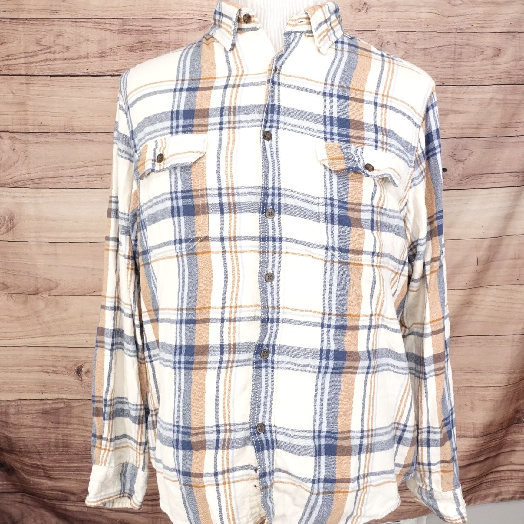 George George Men's XL Flannel Shirt Blue Tan White Plaid Button-Up Long Sleeve Casual Office Warm Corduroy Size US XL / EU 56 / 4 - 3 Thumbnail