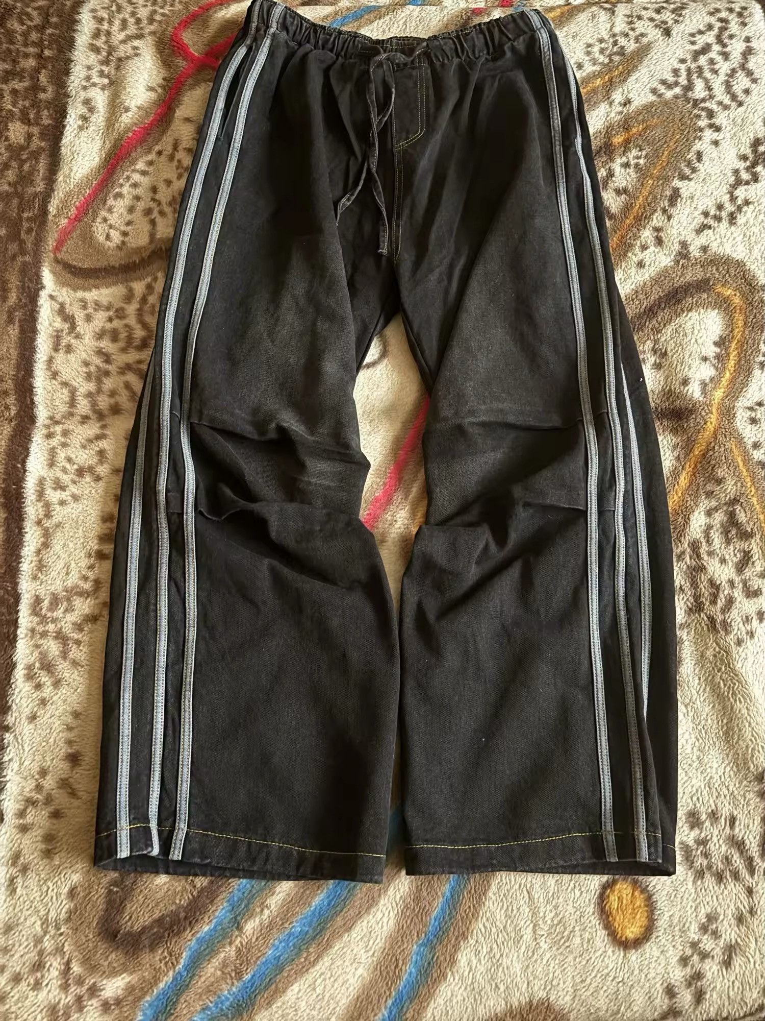Jean × Vintage Elastic Waist Striped Pleated Baggy Jeans Size US 33 - 9 Thumbnail