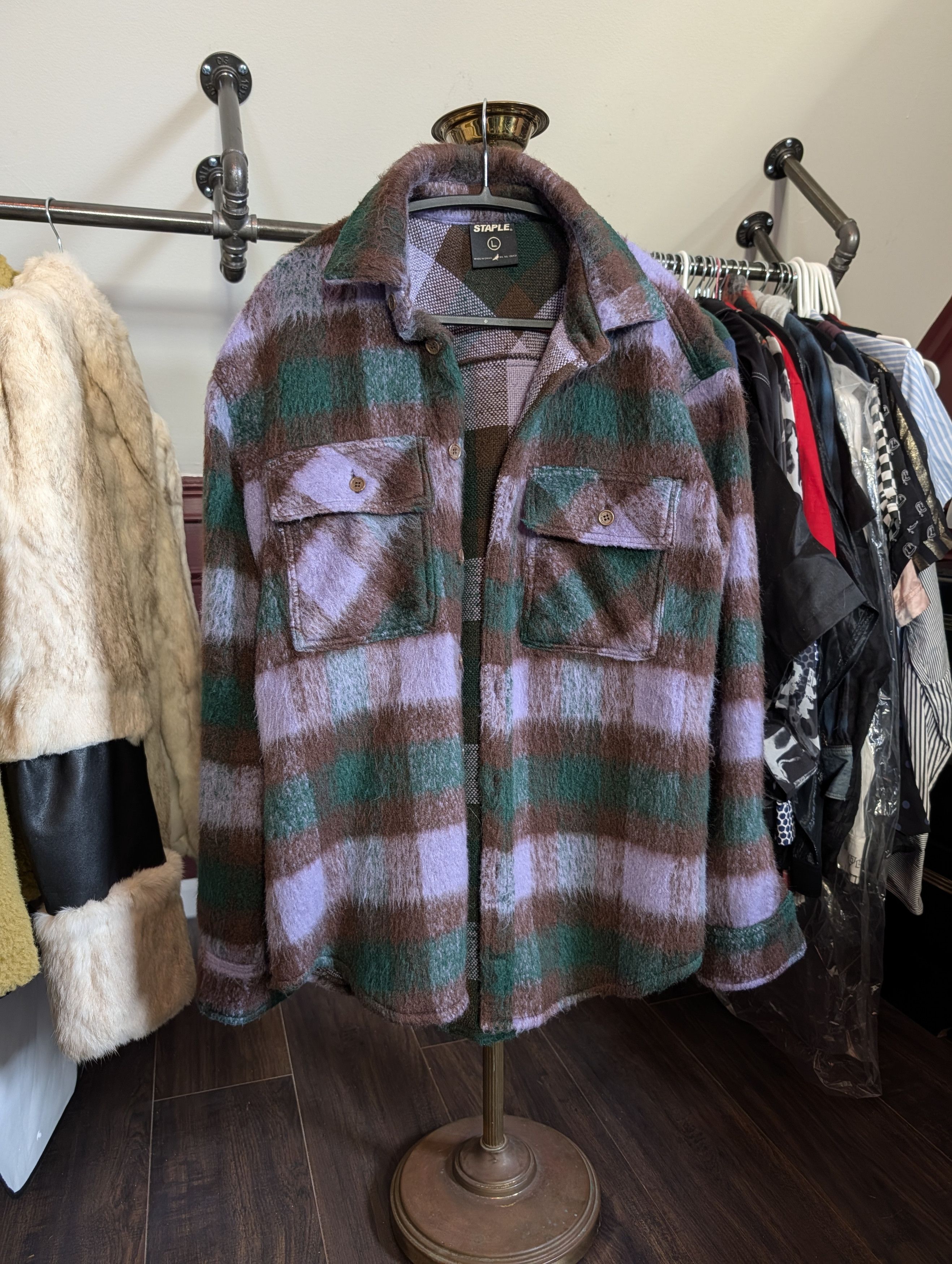 Staple Purple/Brown Plaid Fuzzy CPO Jacket sz L Size US L / EU 52-54 / 3 - 1 Thumbnail