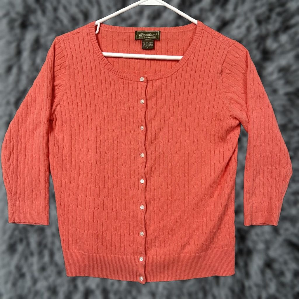 Eddie Bauer Vintage Eddie Bauer Cardigan Women M Salmon Pink Knit Sweater 3/4 Sleeve Button Front Pima Cotton Nylon Stretch Coastal Grandmother 90s style Womens Size M / US 6-8 / IT 42-44 - 1 Thumbnail