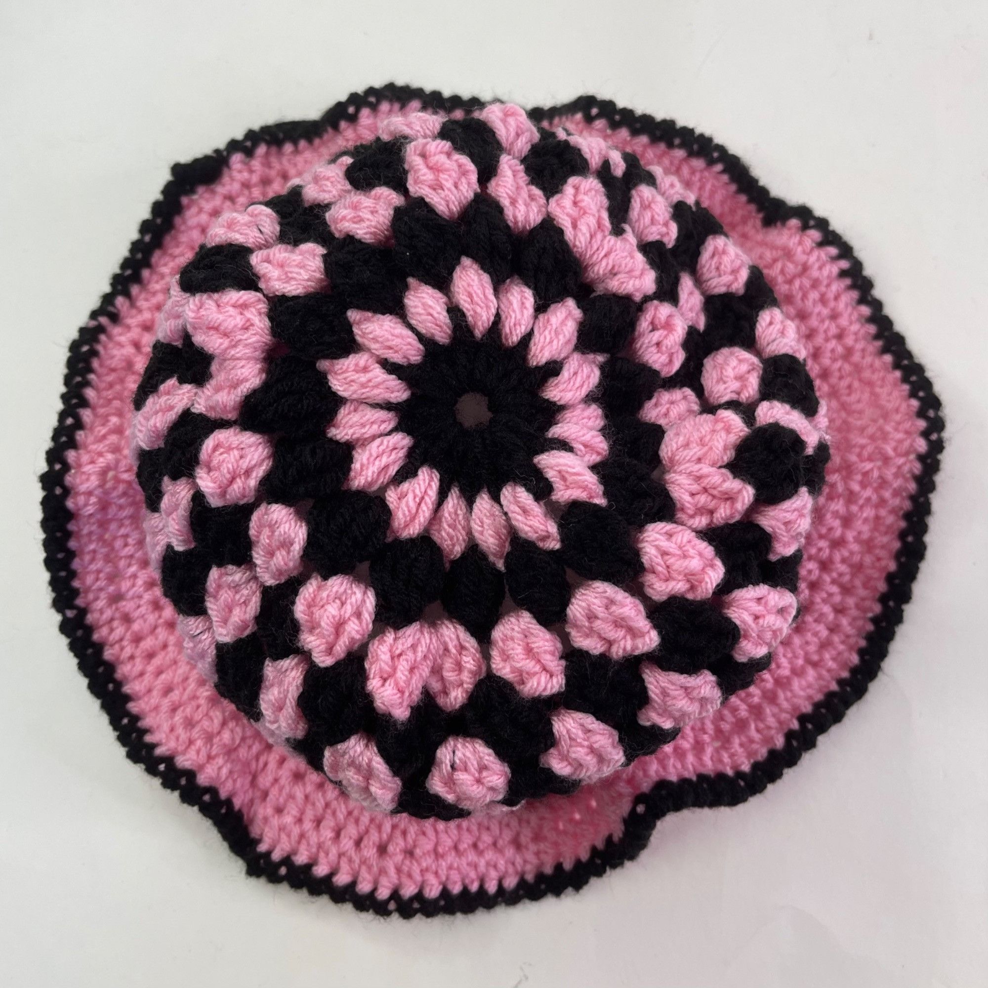 Handmade Crochet Bucket Hat Granny Square Pattern Pink and Black Adul Size ONE SIZE - 5 Thumbnail
