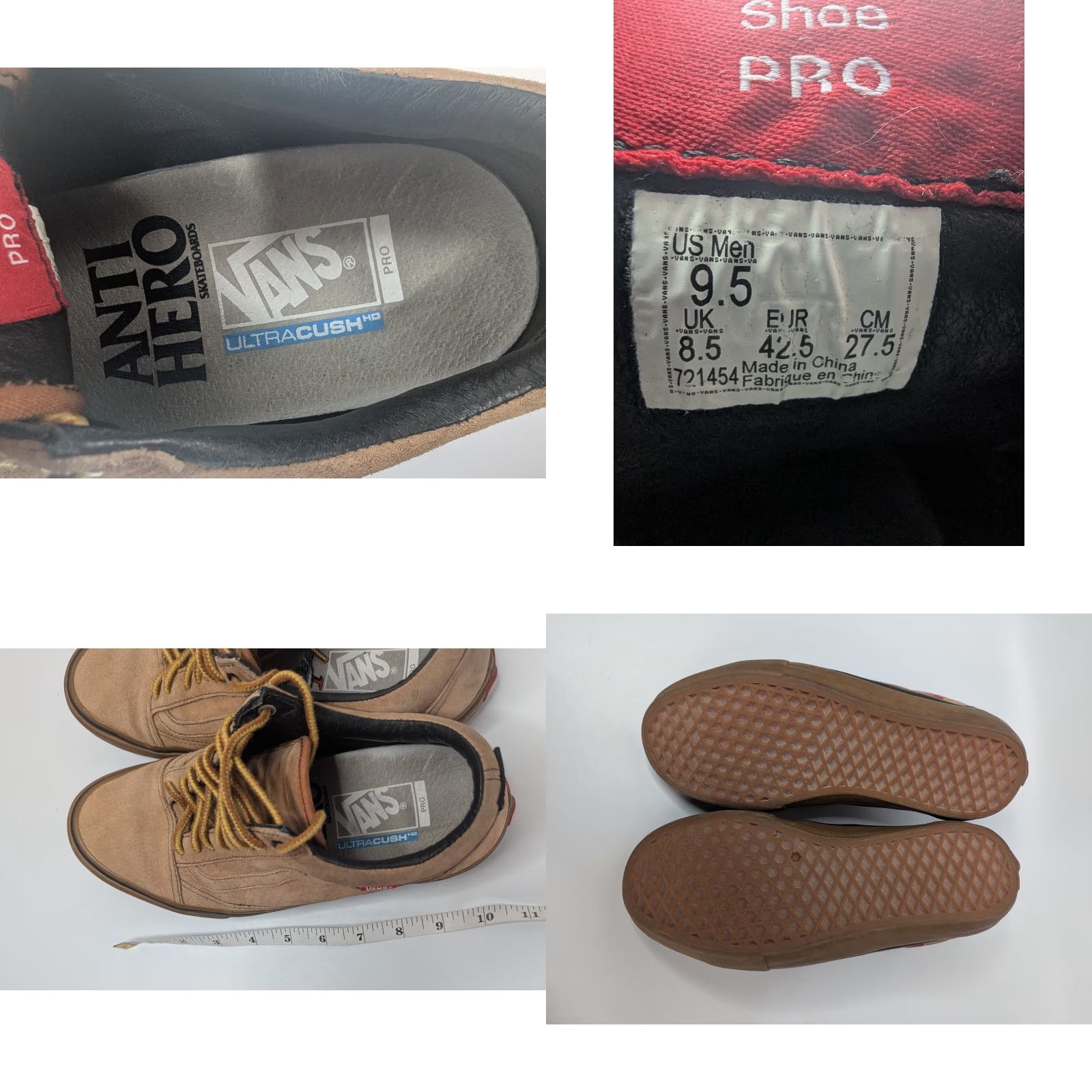 Vans Vans x Anti Hero Cardiel Old Skool Pro Men 9.5 Brown Camel Ultracush Skater Shoe Size US 10 / EU 43 - 8 Thumbnail