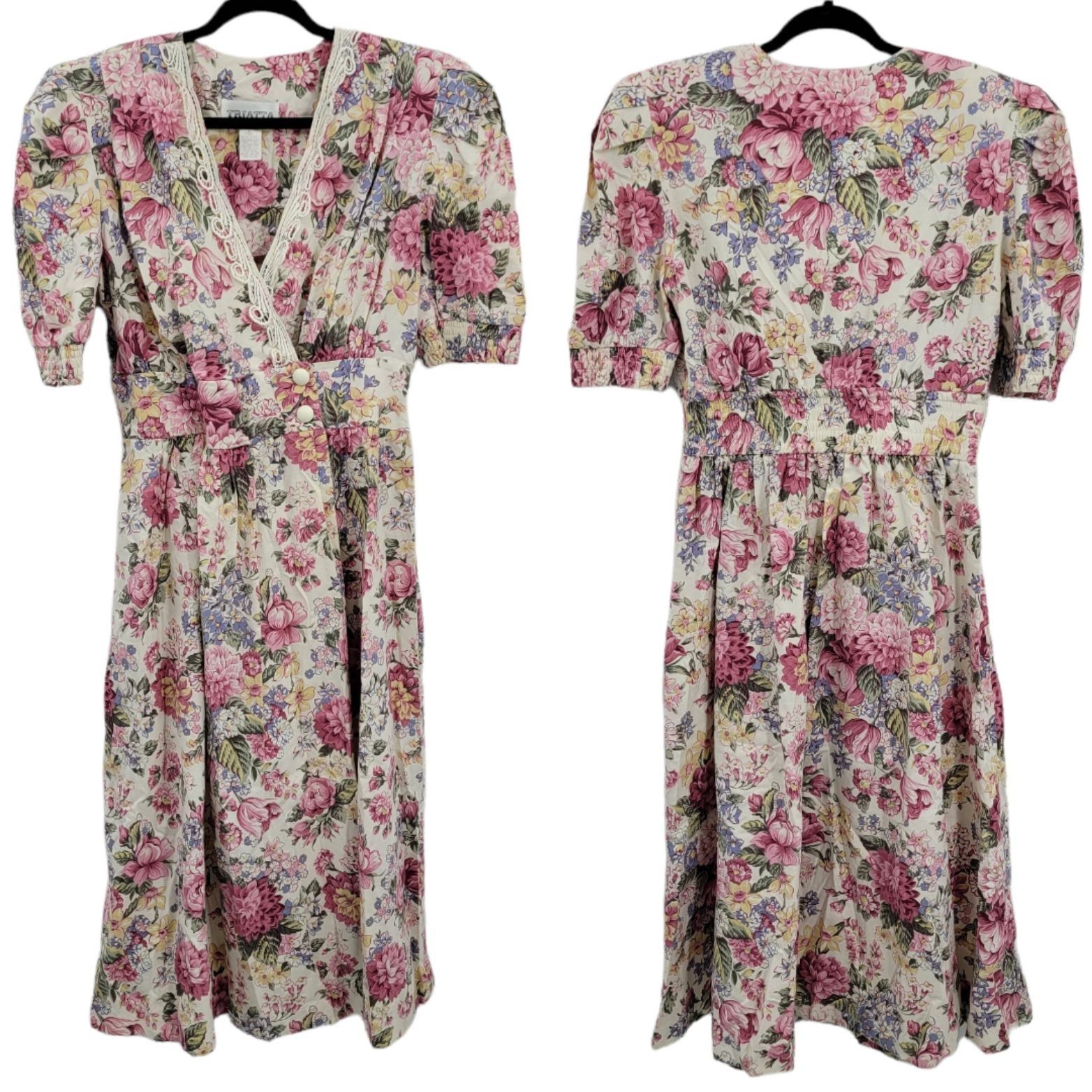 Vintage Vtg 80's Womens Dress L Cottage Core Mock Wrap Puff Sleeve F Size L / US 10 / IT 46 - 4 Thumbnail