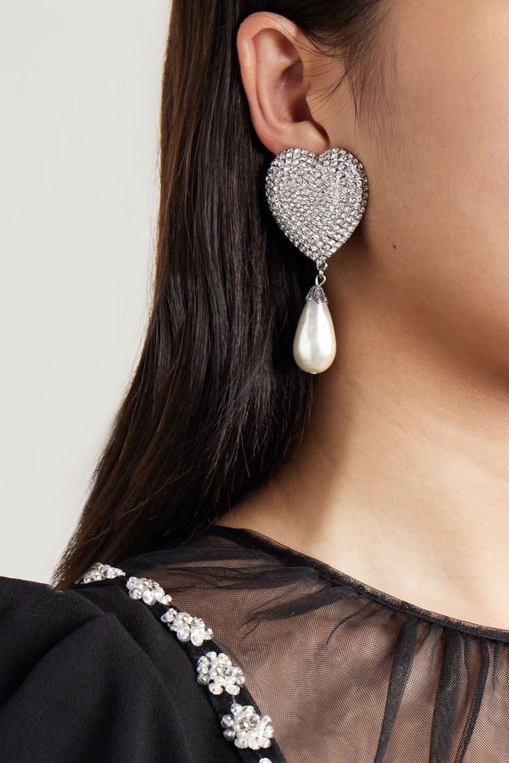 Alessandra Rich Alessandra Rich Heart Silver-tone Faux pearl Clip Earring Size ONE SIZE - 4 Thumbnail