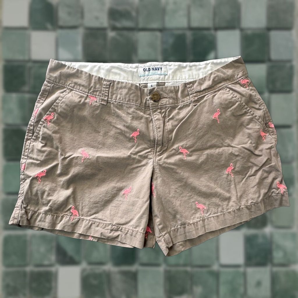 Old Navy Old Navy Women's Khaki Shorts Pink Flamingo Embroidered- Size 6 Size 28" / US 6 / IT 42 - 1 Thumbnail
