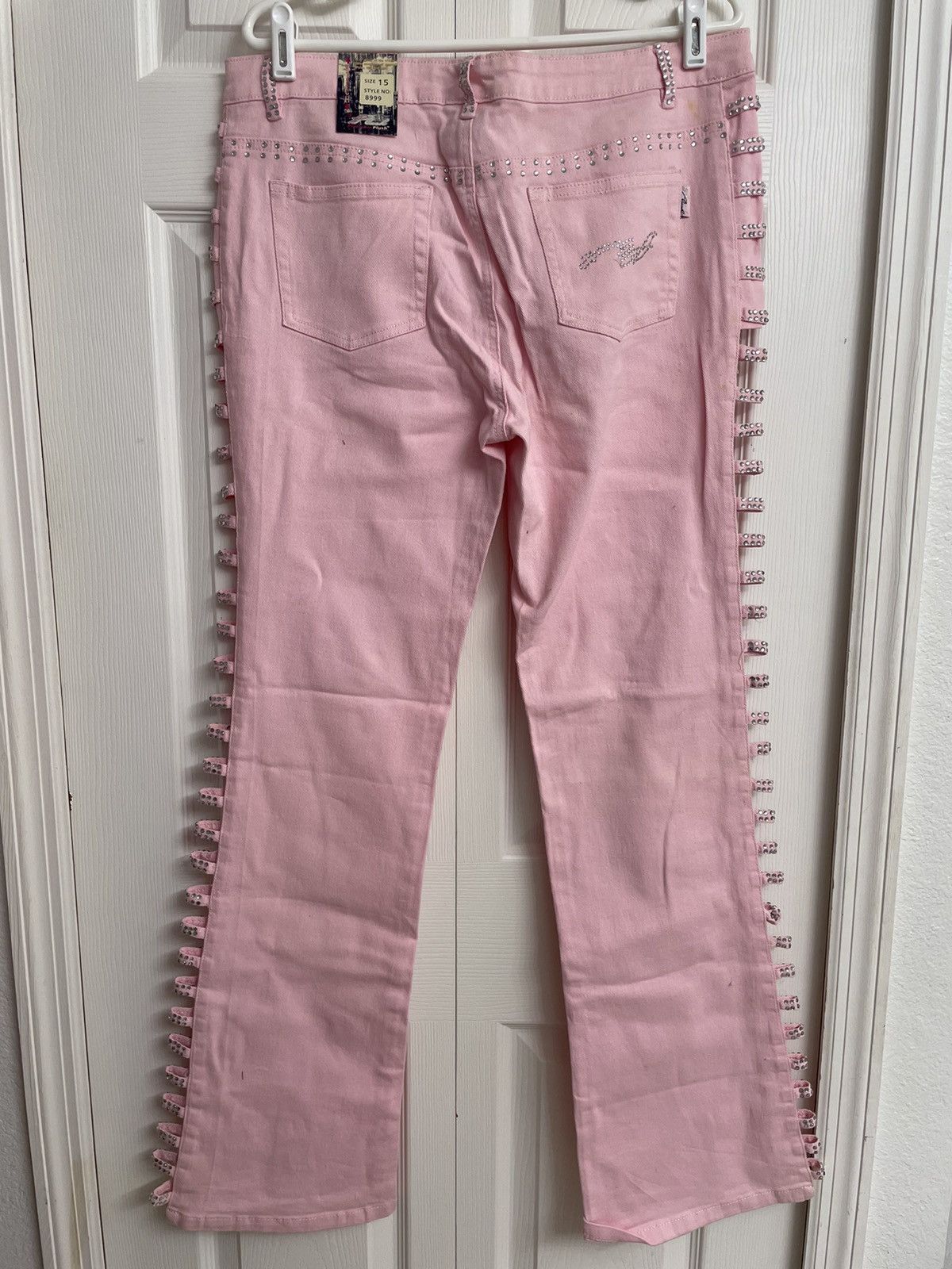 Vintage Platinum Plush Open Leg Rhinestone Jeans Pink New Size 15 Size 38" / US 16 / IT 52 - 8 Thumbnail
