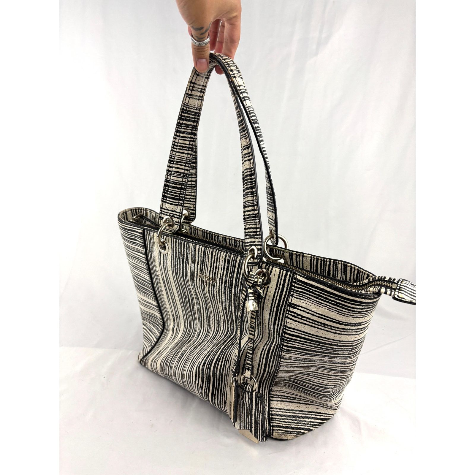 Guess Guess Kamryn Stripe Python Tote Black White Shoulder Handbag Size ONE SIZE - 5 Thumbnail