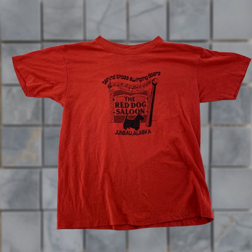 Vintage VINTAGE Red Dog Saloon Shirt Mens S Red USA 80s Graphic Print Crew Neck Short Sleeve Cotton Polyester Jersey Tee Size US S / EU 44-46 / 1 - 1 Thumbnail