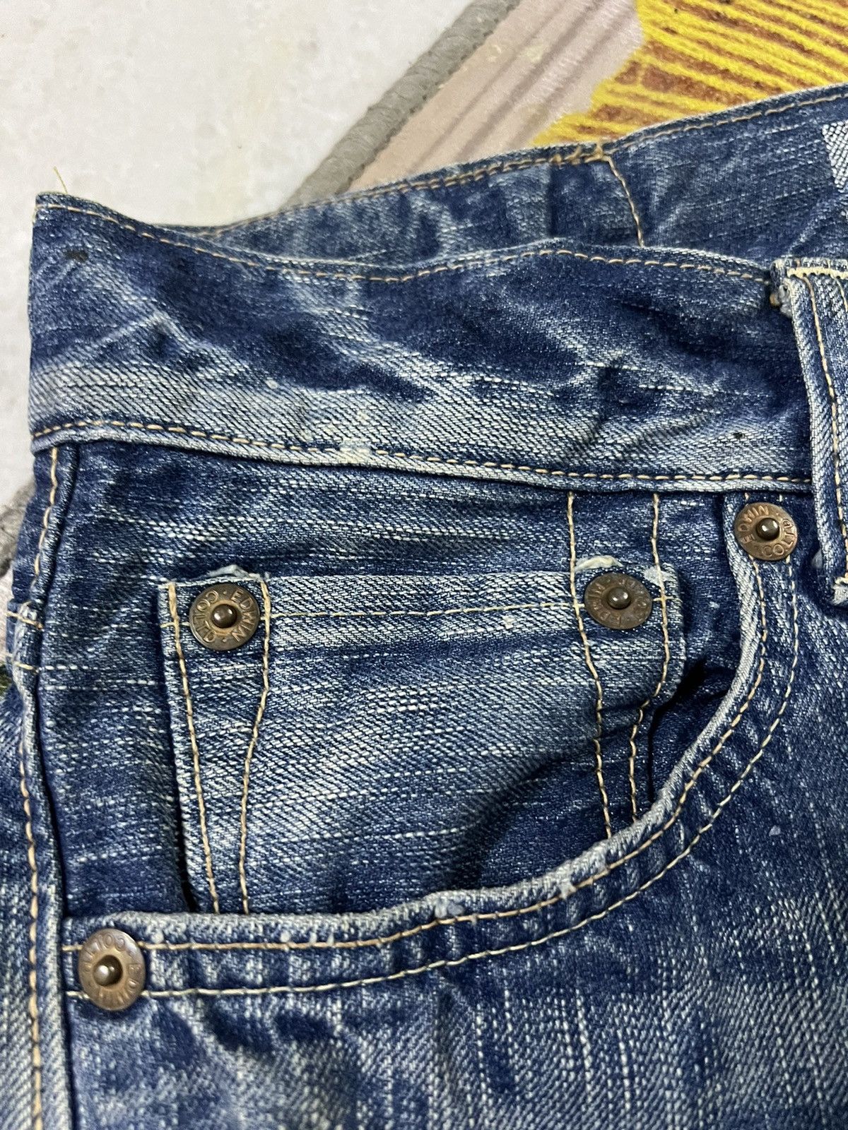 Edwin × Japanese Brand VTG EDWIN 503 BLUE TRIP SPLATTER DISTRESSED JEANS Size US 31 - 8 Thumbnail