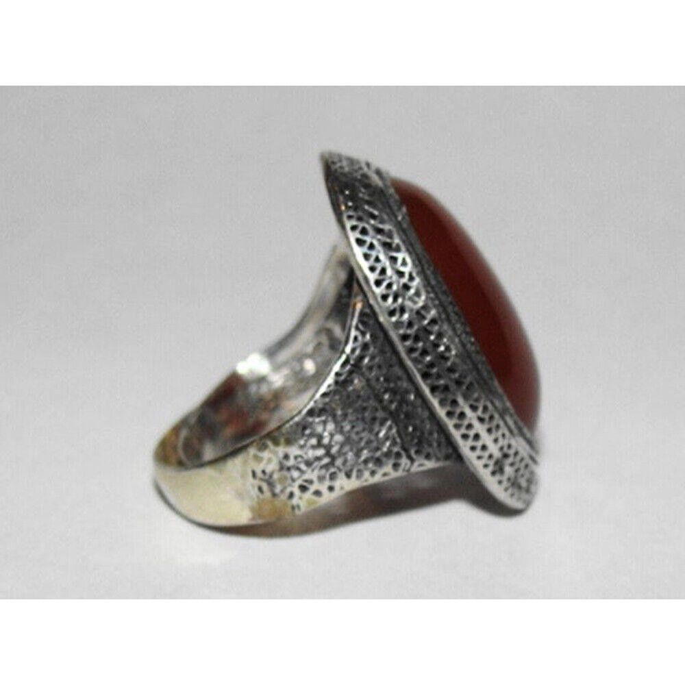 Designer Chinese Art Deco Sterling Silver Carnelian Cabochon Ring Size ONE SIZE - 3 Thumbnail