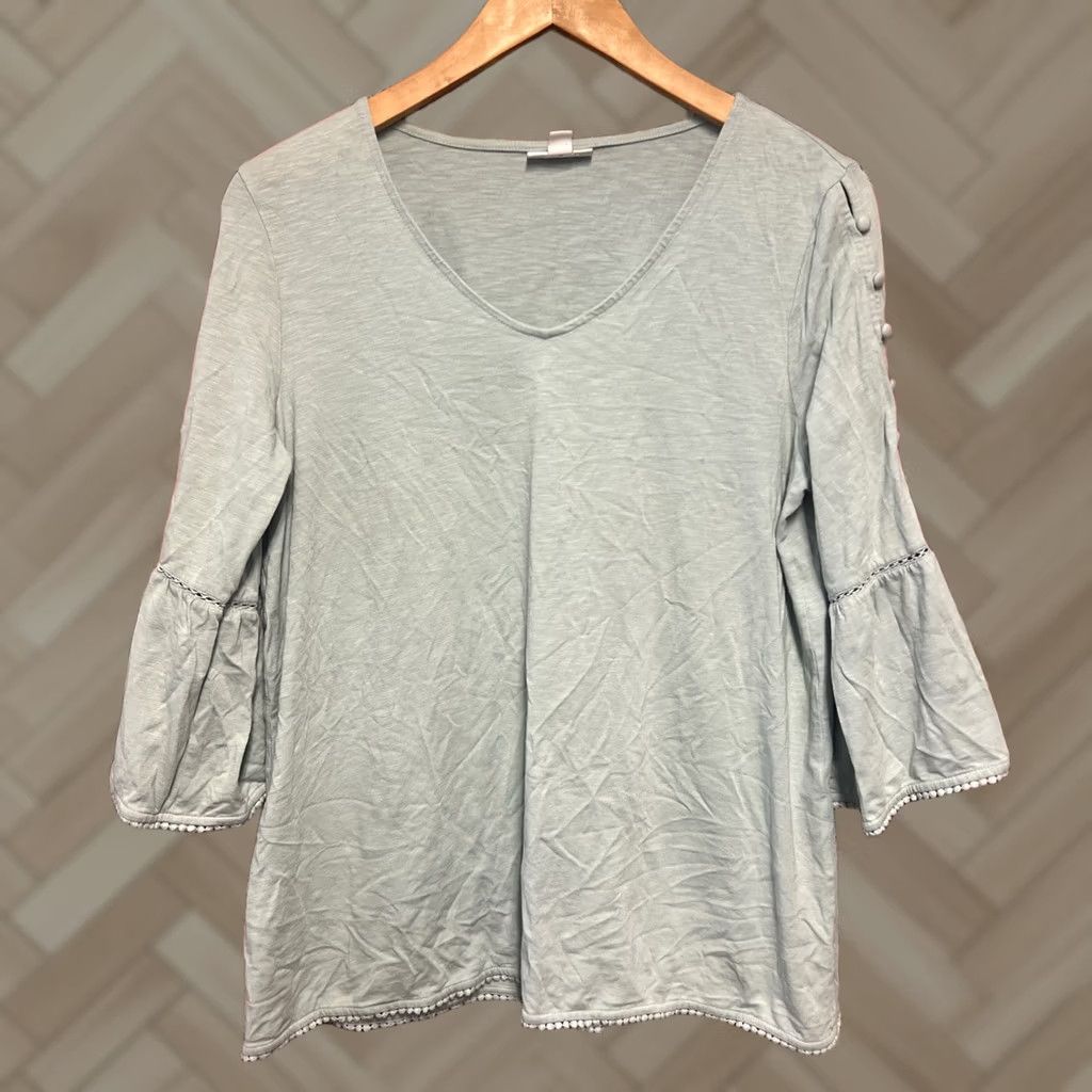 J. Jill J Jill Blouse Womens M Green Peasant Top V Neck Button Sleeve Cotton Size M / US 6-8 / IT 42-44 - 1 Thumbnail