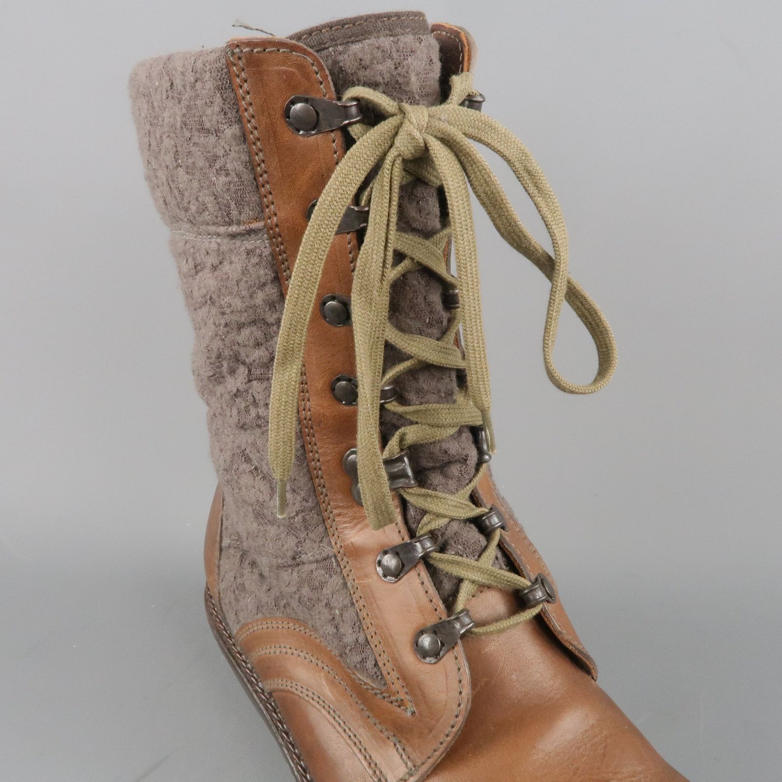 Lanvin Size 7 Brown Leather & Textured Lace Mid Calf Combat Boots Size US 7 / EU 40 - 5 Thumbnail