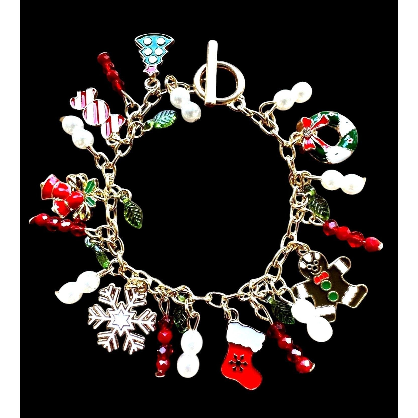 Handmade Christmas Charm Bracelet New Bells Gingerbread Man Stocking Size ONE SIZE - 6 Thumbnail
