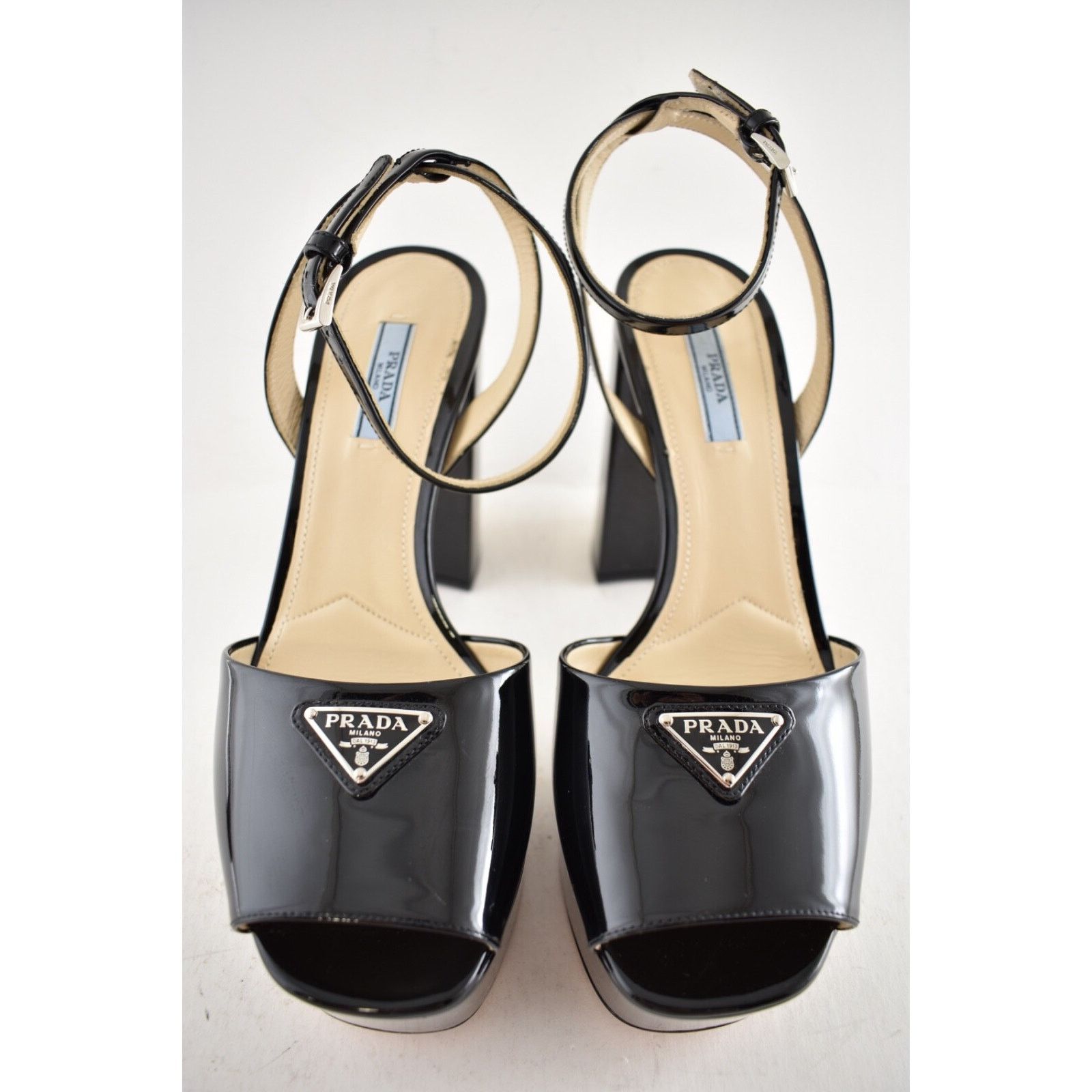 Prada Prada 115 Black Patent Leather Platform Sandal Ankle Strap Size US 10 / IT 40 - 6 Thumbnail
