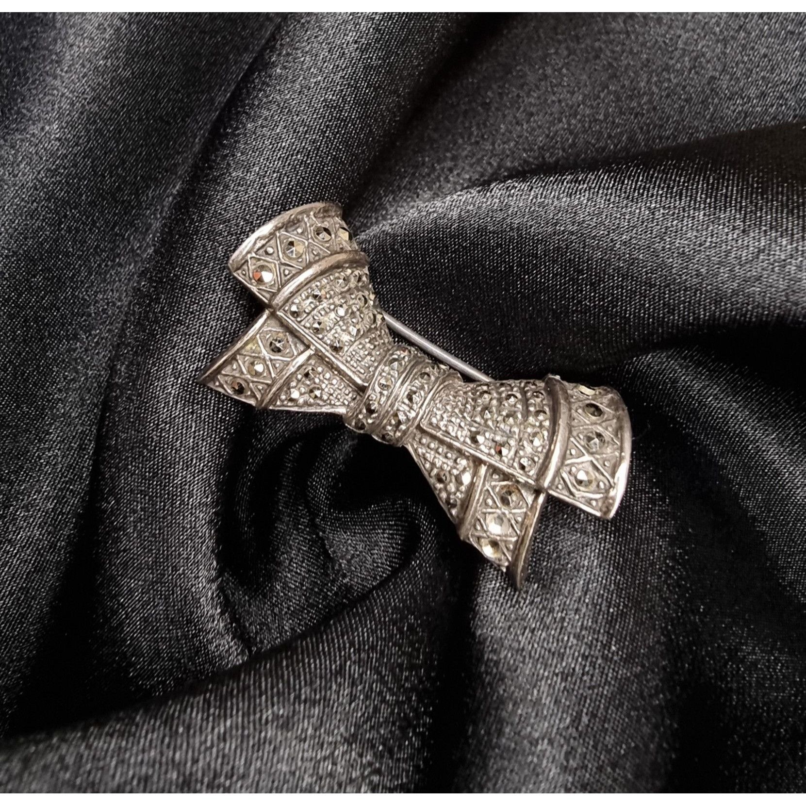 Vintage Vintage 925 Sterling Silver Marcasite Bow Brooch Pin Elegant Size ONE SIZE - 3 Thumbnail