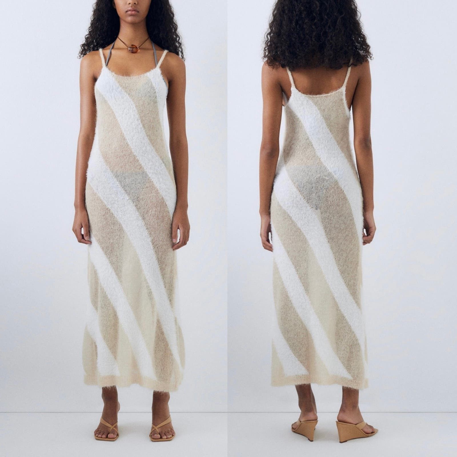 image of Gimaguas Mohair Knit Semi-Sheer Striped Midi Dress - L - NWT in Cream, Women's (Size Large)