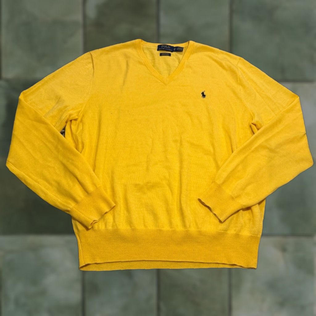 Polo Ralph Lauren Polo Ralph Lauren Sweater XL Adult Yellow 100% Merino Wool Italian Yarn V-Neck Pullover Knit Solid Logo Mens 80s 90s Preppy American Size US XL / EU 56 / 4 - 1 Thumbnail