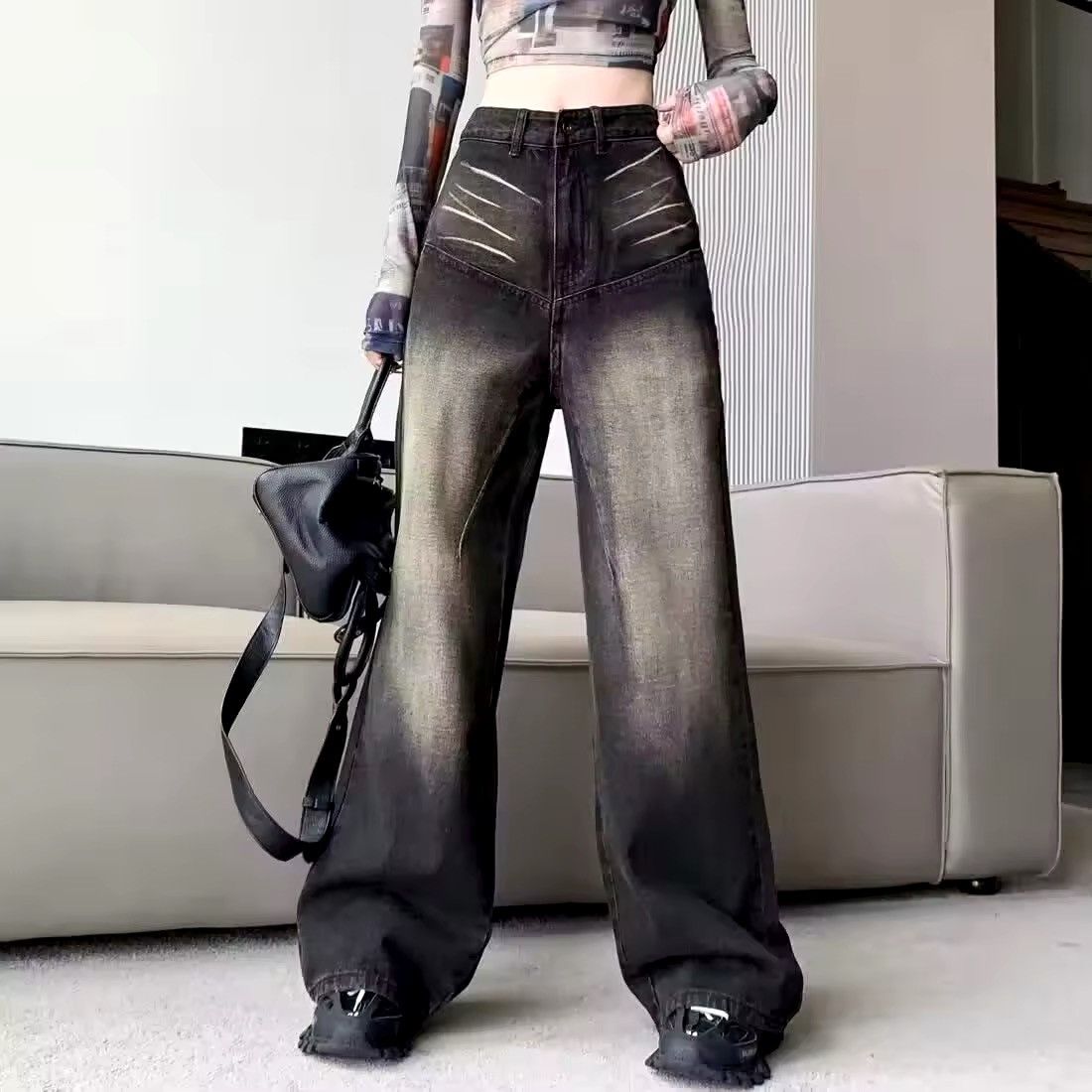 Japanese Brand × Jean Retro washed distressed straight wide leg baggy women jeans Size 27" / US 4 / IT 40 - 1 Thumbnail