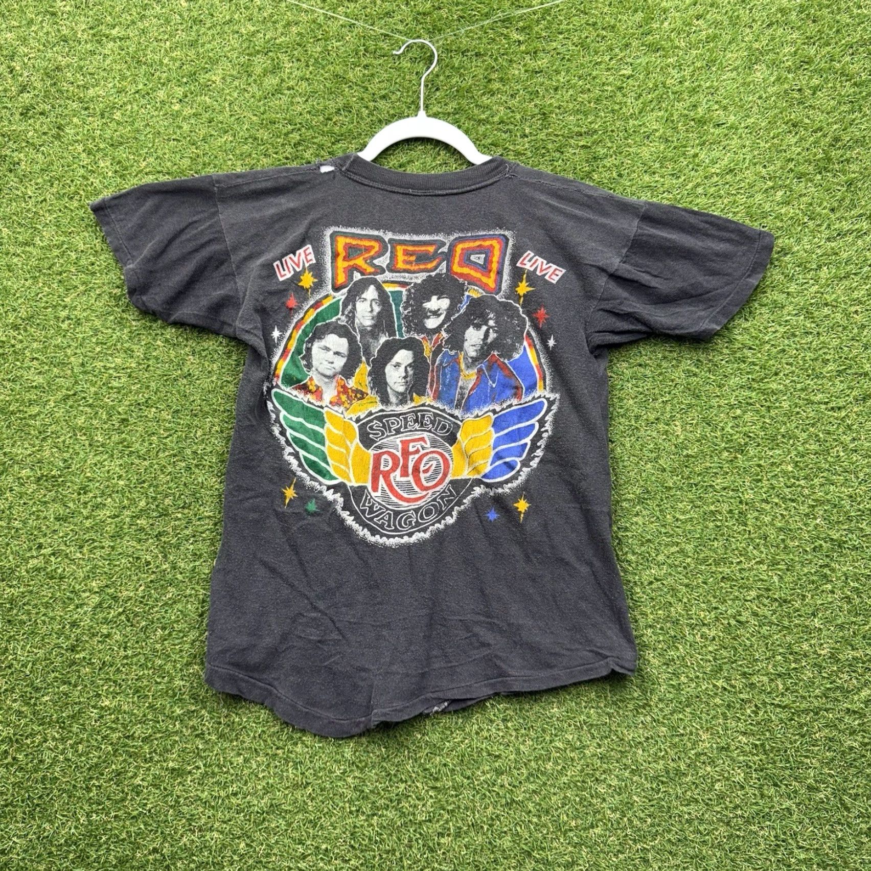 Olive VINTAGE REO Speedwagon Shirt Mens Small Live Tour Band 1980s Single Stitch AOP Shirt Men S Black 80s Music Rock Logo Size US S / EU 44-46 / 1 - 2 Thumbnail