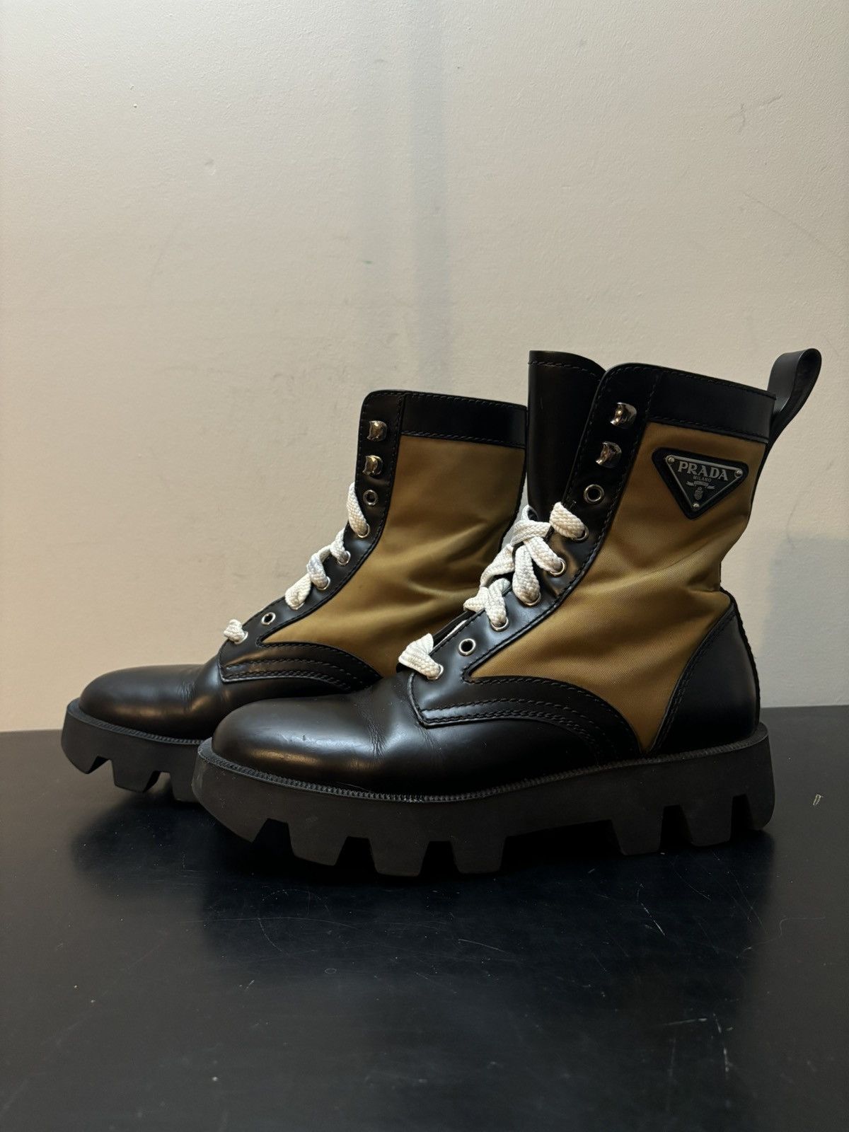 Prada Prada Triangle Logo Panelled Nylon Leather Combat Boot Brown Size US 5.5 / EU 38 - 1 Thumbnail