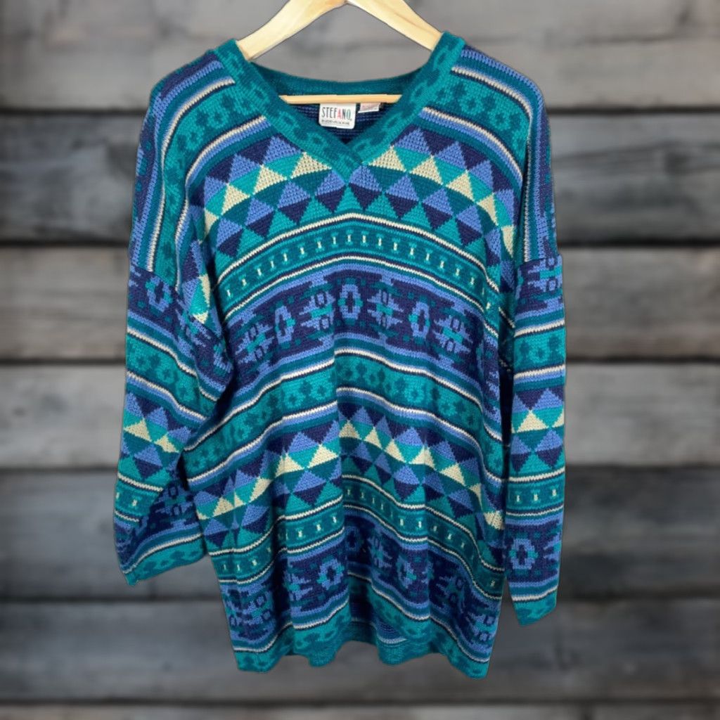 Vintage VINTAGE Stefano International Sweater Geometric 90s Aztec Pullover V-Neck Green Blue One Size Womens Size ONE SIZE - 1 Thumbnail
