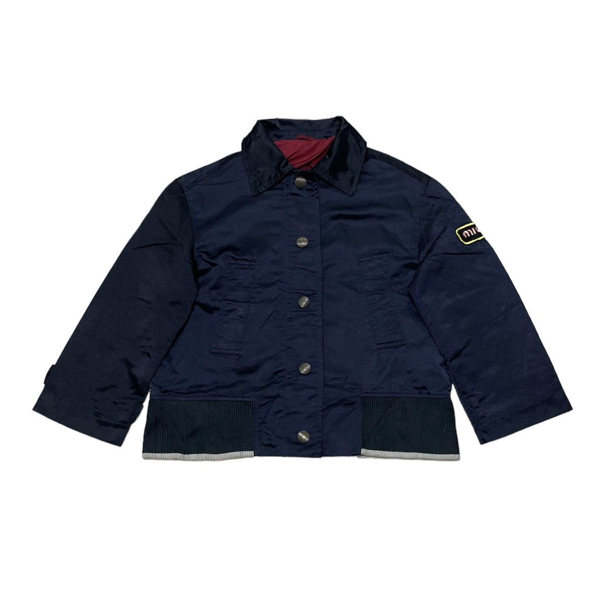 image of Miu Miu Cropped Bomber Jacket in Navy, Women's (Size Medium)