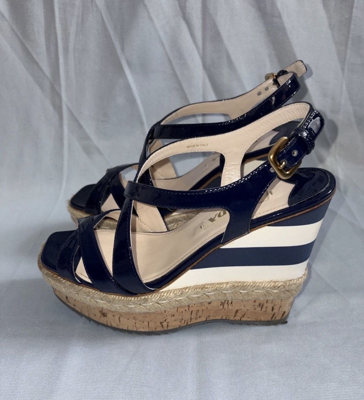 Prada Prada Navy White Stripes Patent Leather Wedge Sandals 38eu Size US 8 / IT 38 - 5 Thumbnail