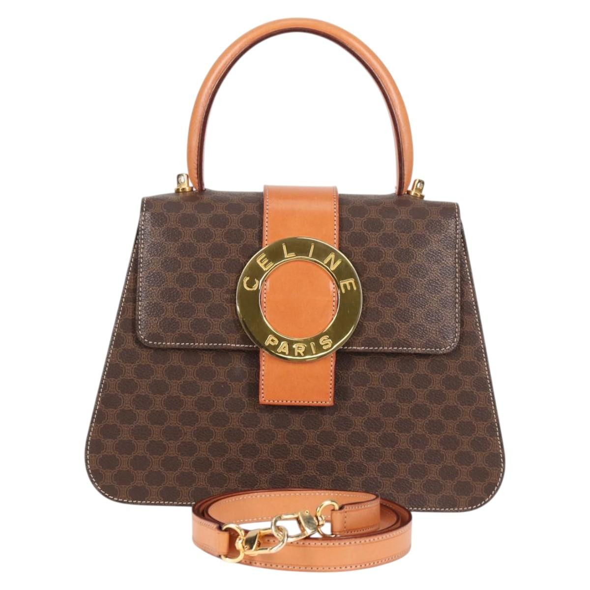 CELINE Circle Macadam Canvas Hand Bag Pvc Leather Brown Gold