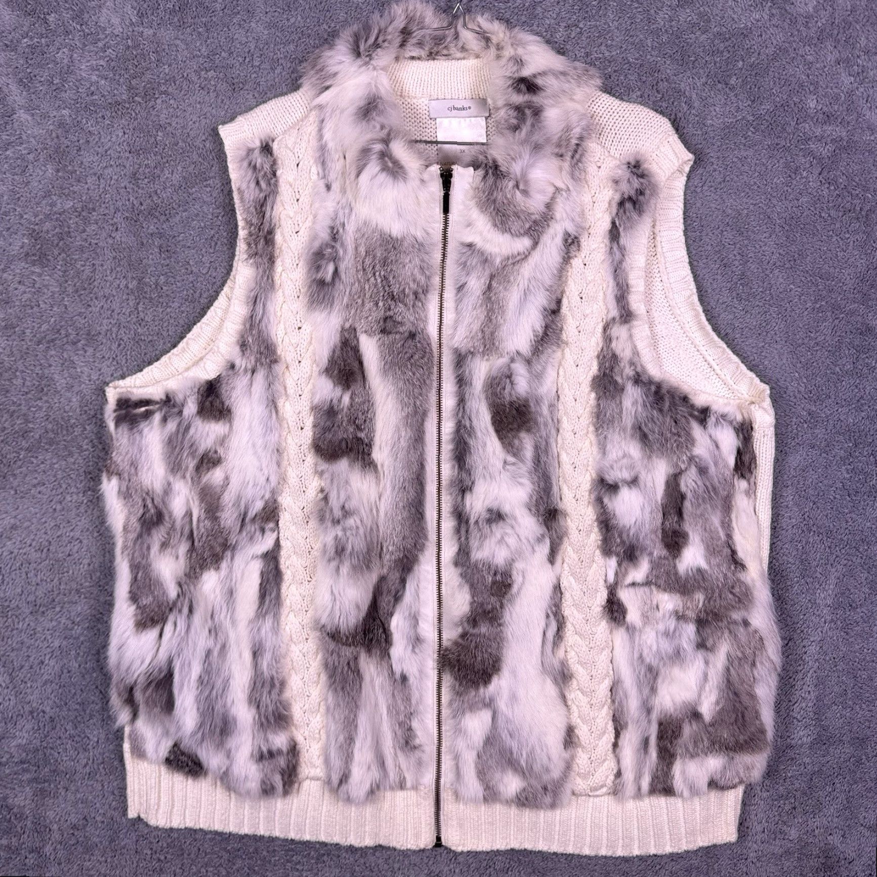 Vintage CJ Banks Sweater Womens 3X Real Rabbit Fur Cable Knit Full Zip Vest Cream Ivory Wool? Size XXL / US 16-18 / IT 52-54 - 4 Thumbnail