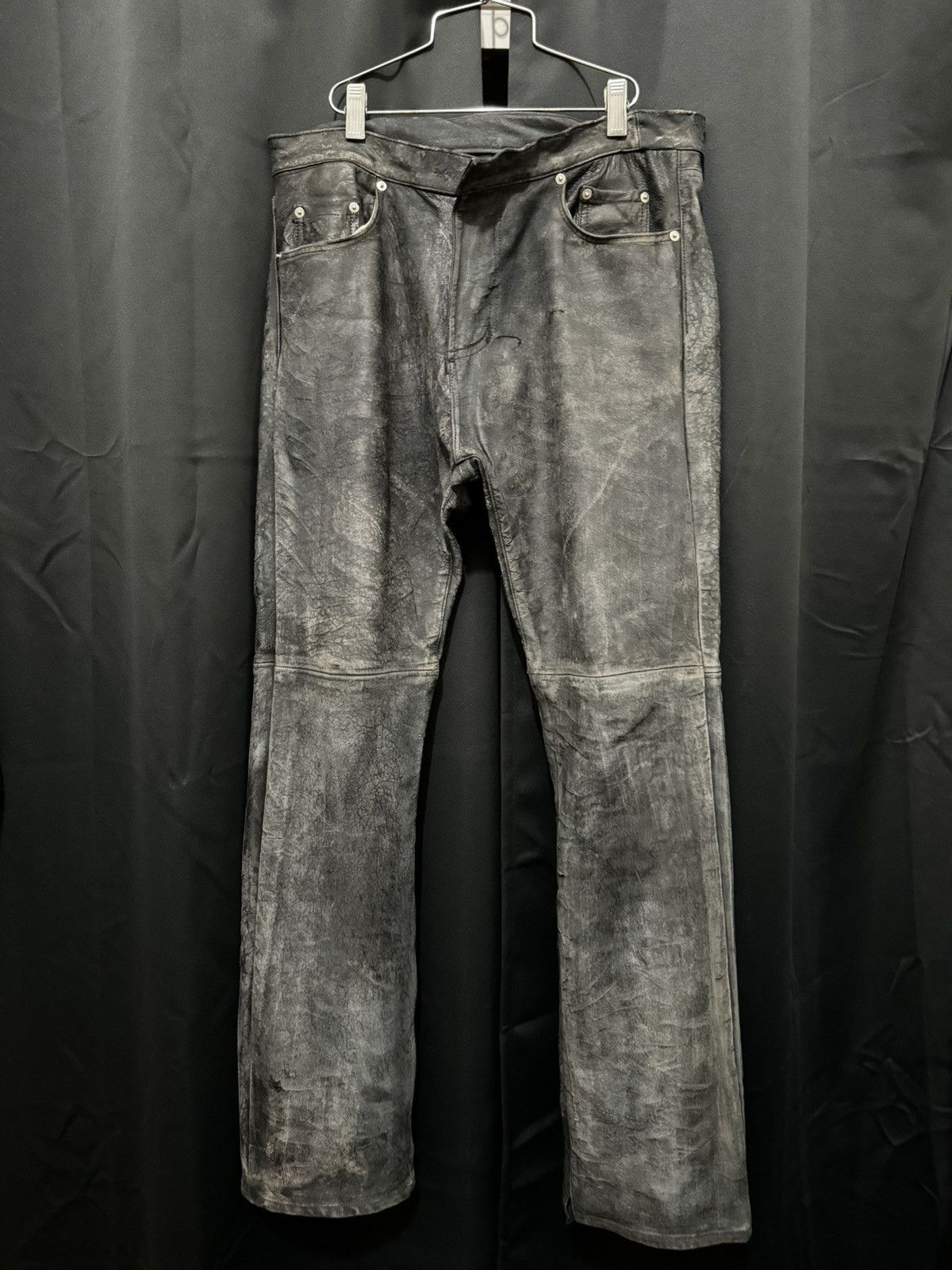Black Distressed Leather Biker Pants