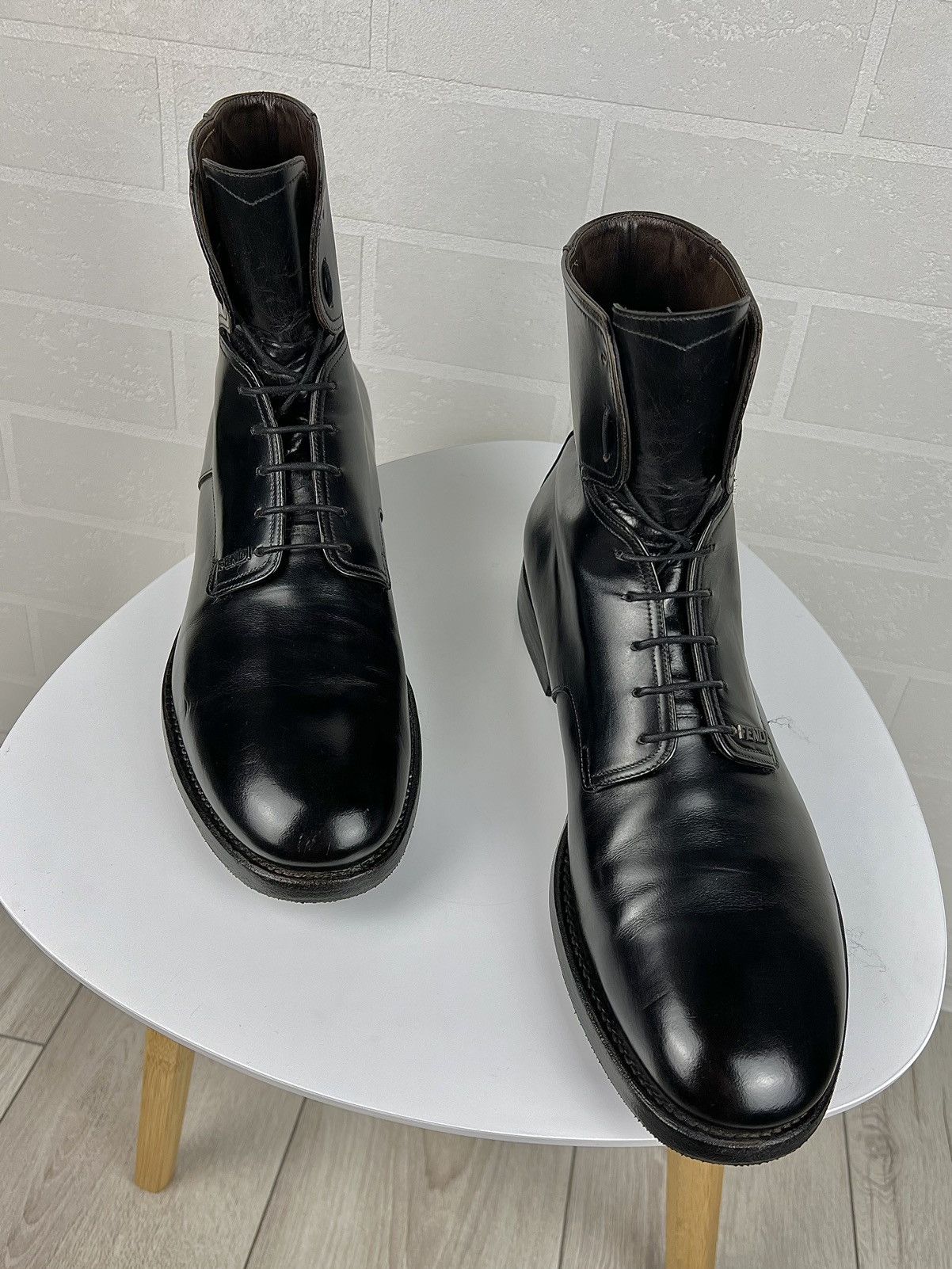 Fendi Boots Leather Lace Up Shoes Metal Logo Black MenS, Men's (Size 12)