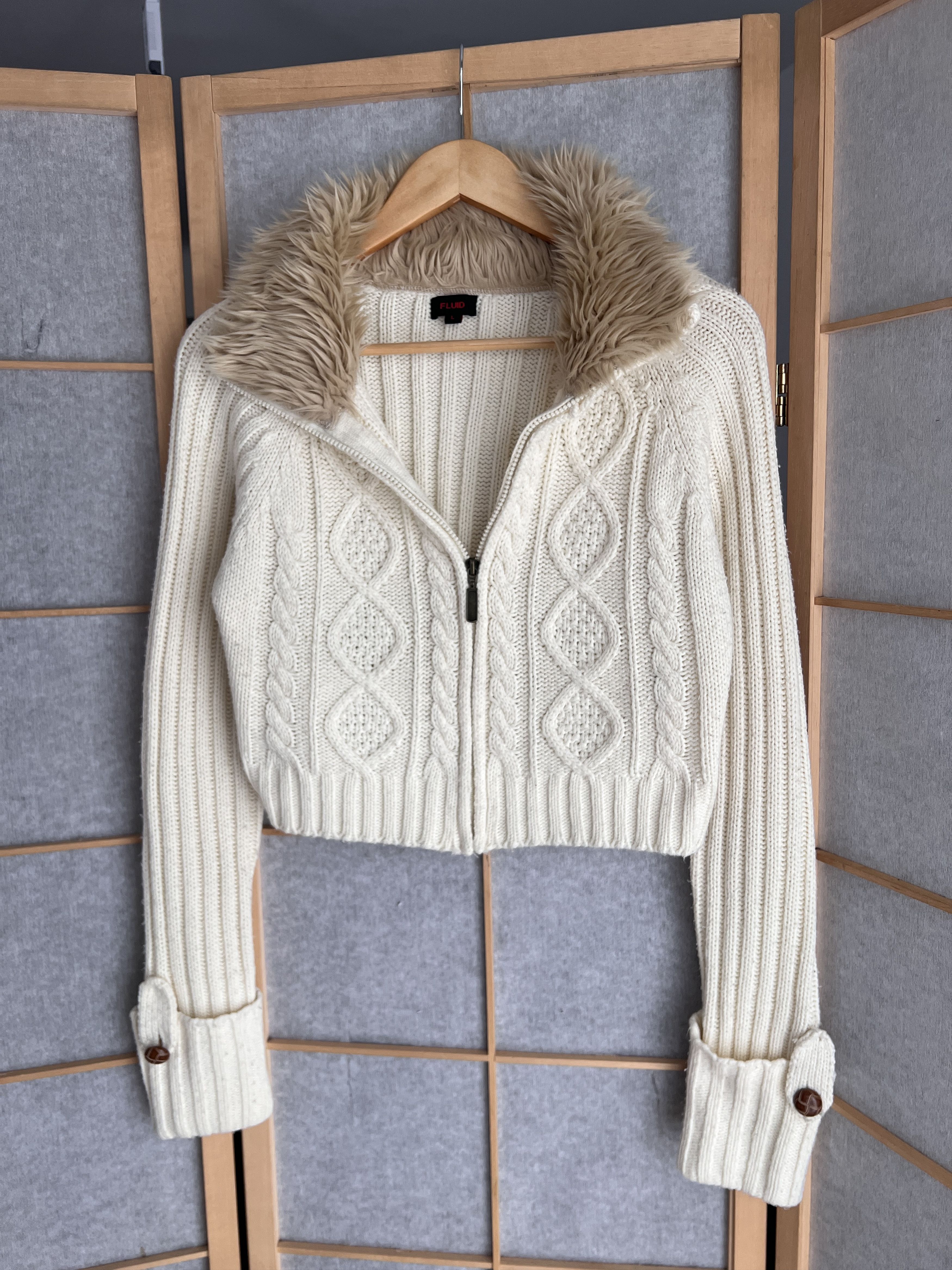 Hysteric Glamour Vintage 2000s cable knit cropped sweater faux fur collar y2k Size L / US 10 / IT 46 - 3 Thumbnail
