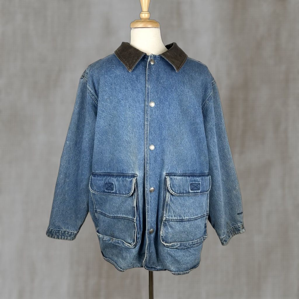 Vintage VINTAGE Woolrich Jacket Mens XL Blue Denim Leather Collar Barn Chore Coat Blanket Lined Size US XL / EU 56 / 4 - 1 Thumbnail