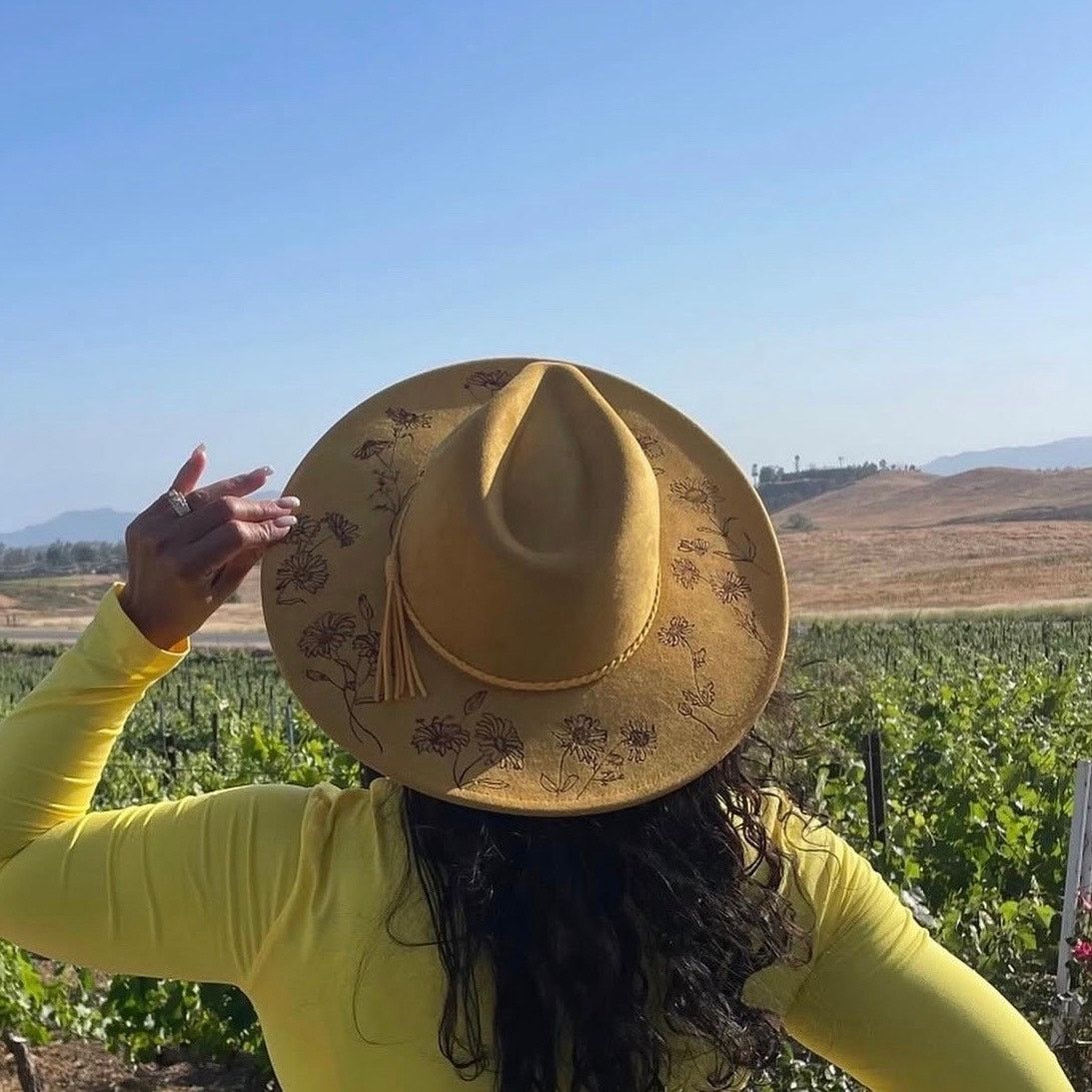Handmade Green Faux Suede Wide Flat Brim Hat Sunflowers ADJUSTABLE SZ Size ONE SIZE - 25 Thumbnail