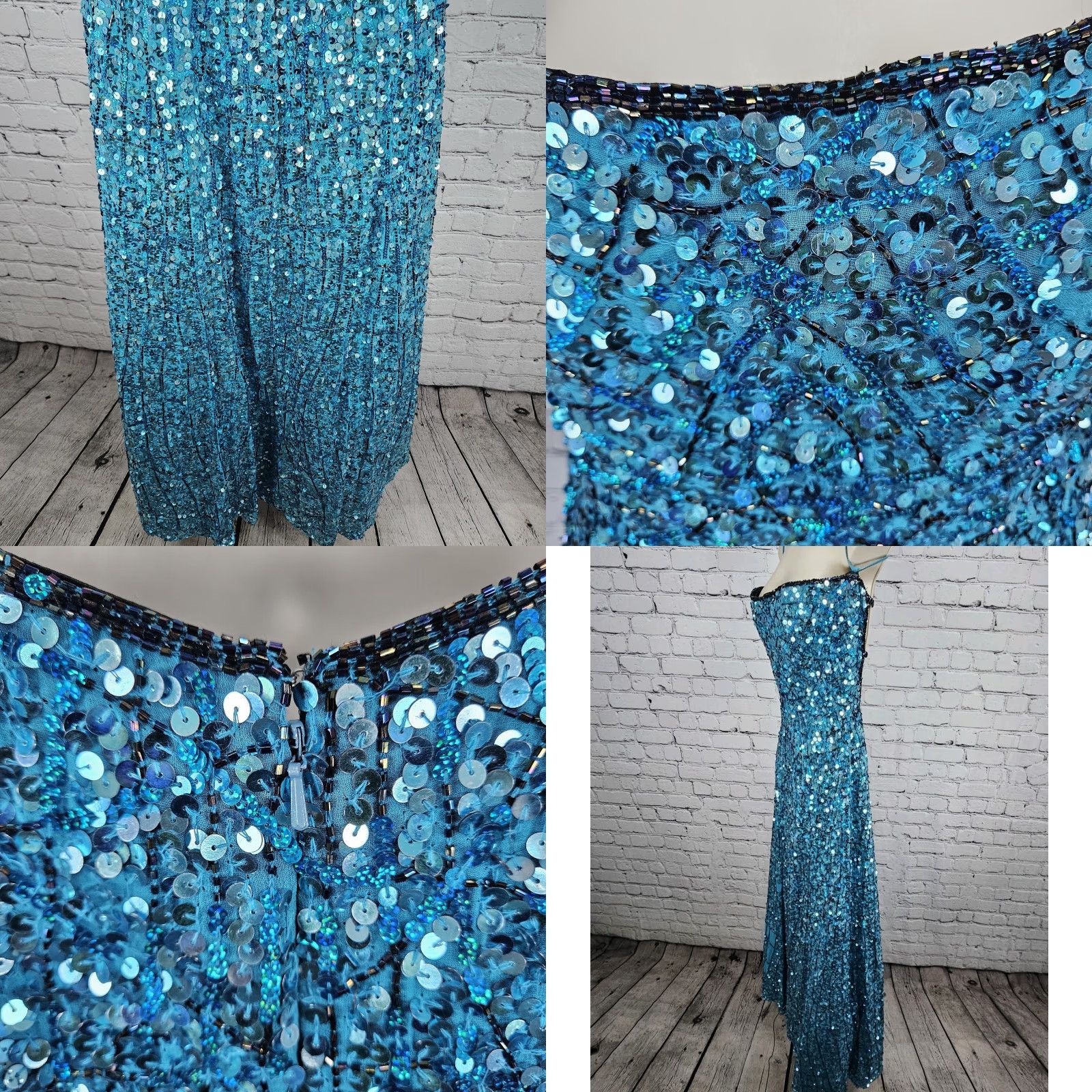 VINTAGE Precious Formals Blue 100% Silk Sequin Beaded Strapless Maxi Dress Small S Women Dress