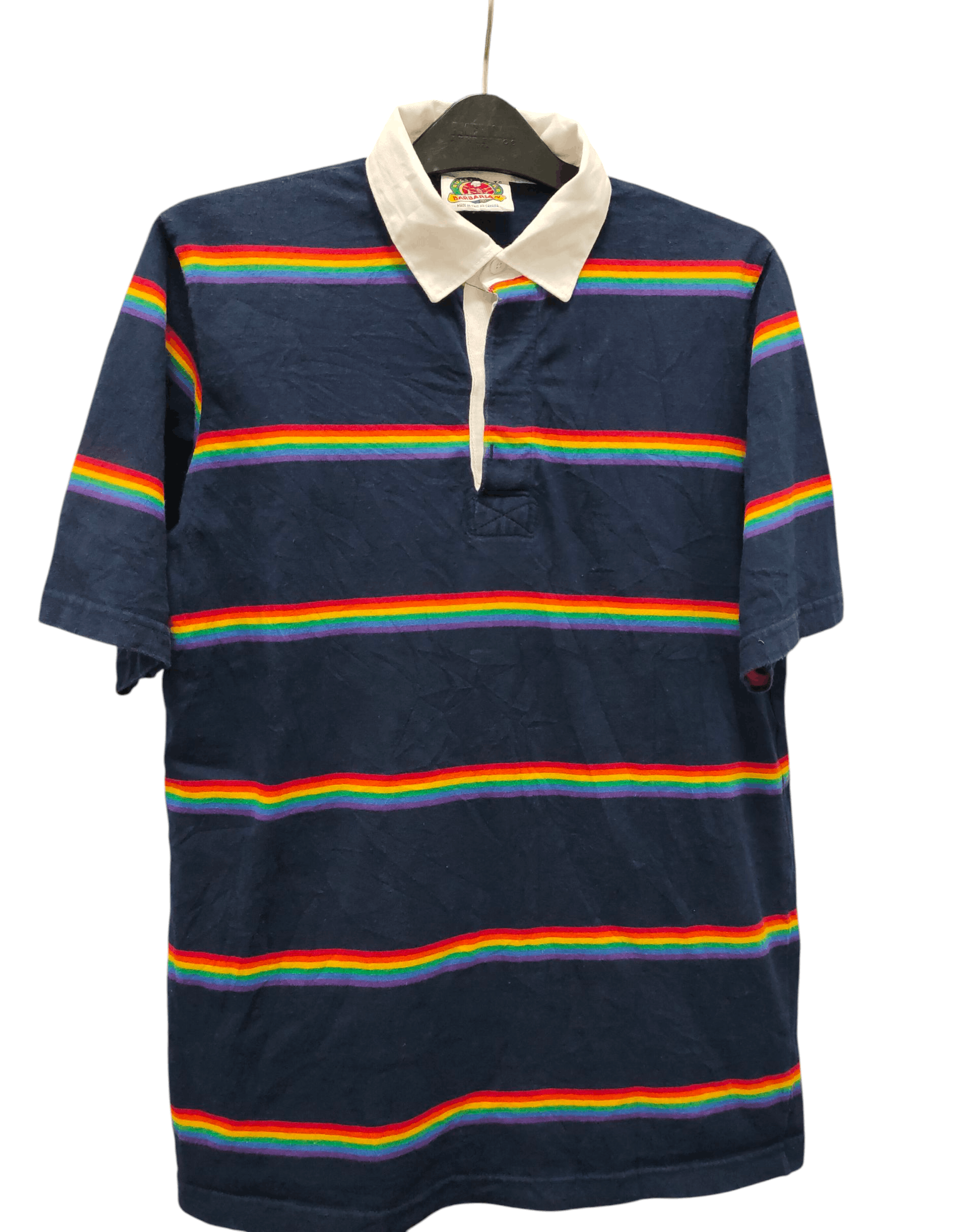 Vtg BARBARIAN Canada 12oz Rainbow Stripe Rugby T