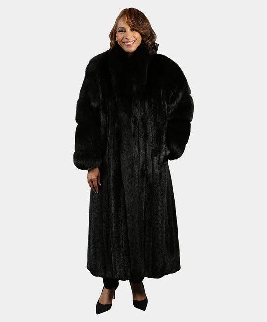image of Mink Fur Coat Women's Mink Coat With Black Fox Sleeves And Tuxedo Front