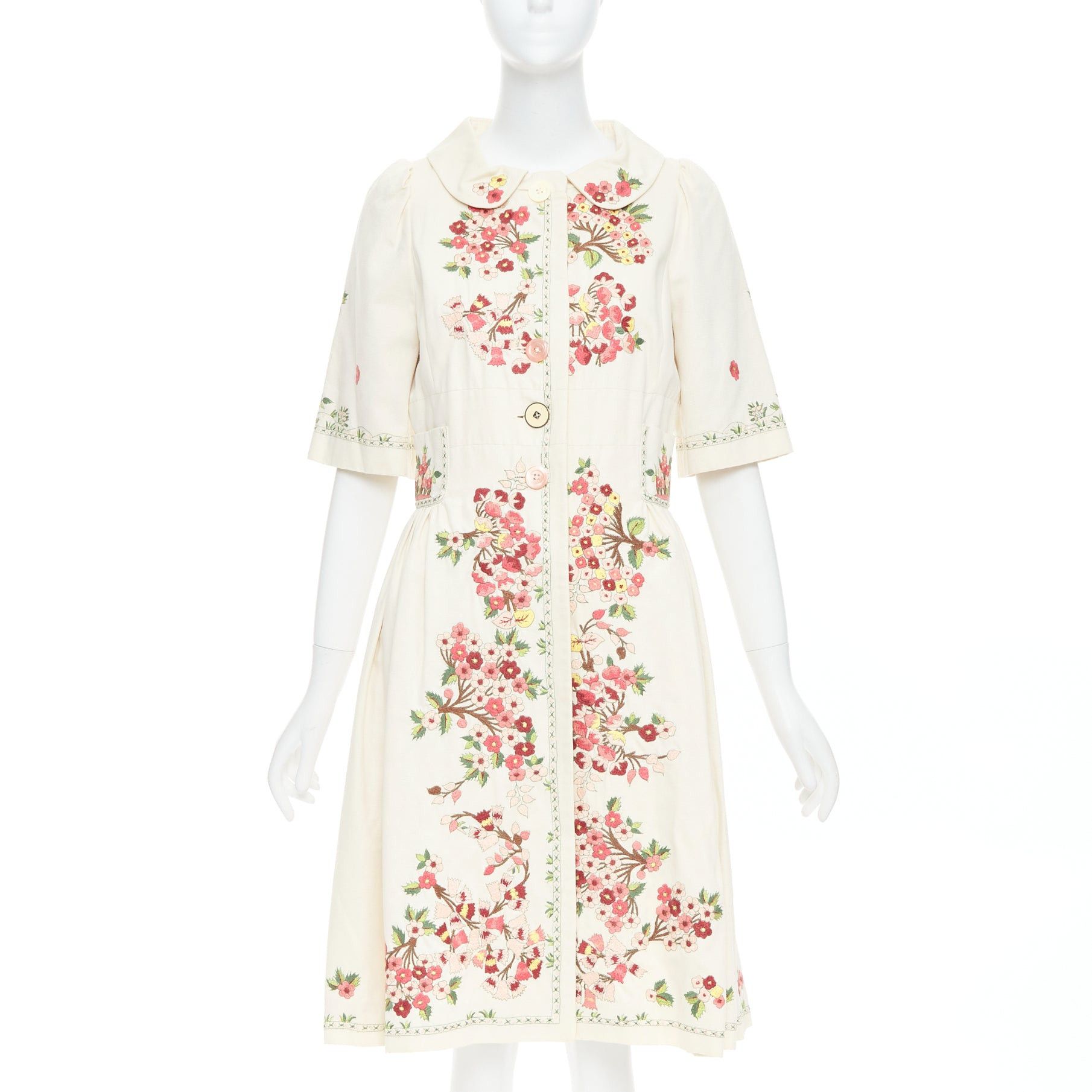 Kenzo KENZO cream pink floral embroidery cotton peter pan coat dress FR38 M Size M / US 6-8 / IT 42-44 - 1 Thumbnail