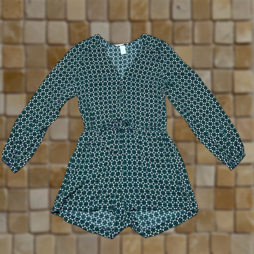 H&M H&M Geometric Playsuit Romper Women's Size 4 Green Long Sleeve V-Neck Casual Teens Size S / US 4 / IT 40 - 1 Thumbnail