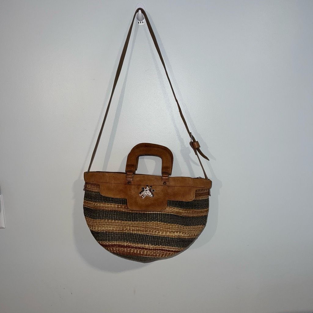 Vintage Vintage African Sisal Market Woven Bag Leather Handles & Str Size ONE SIZE - 10 Thumbnail