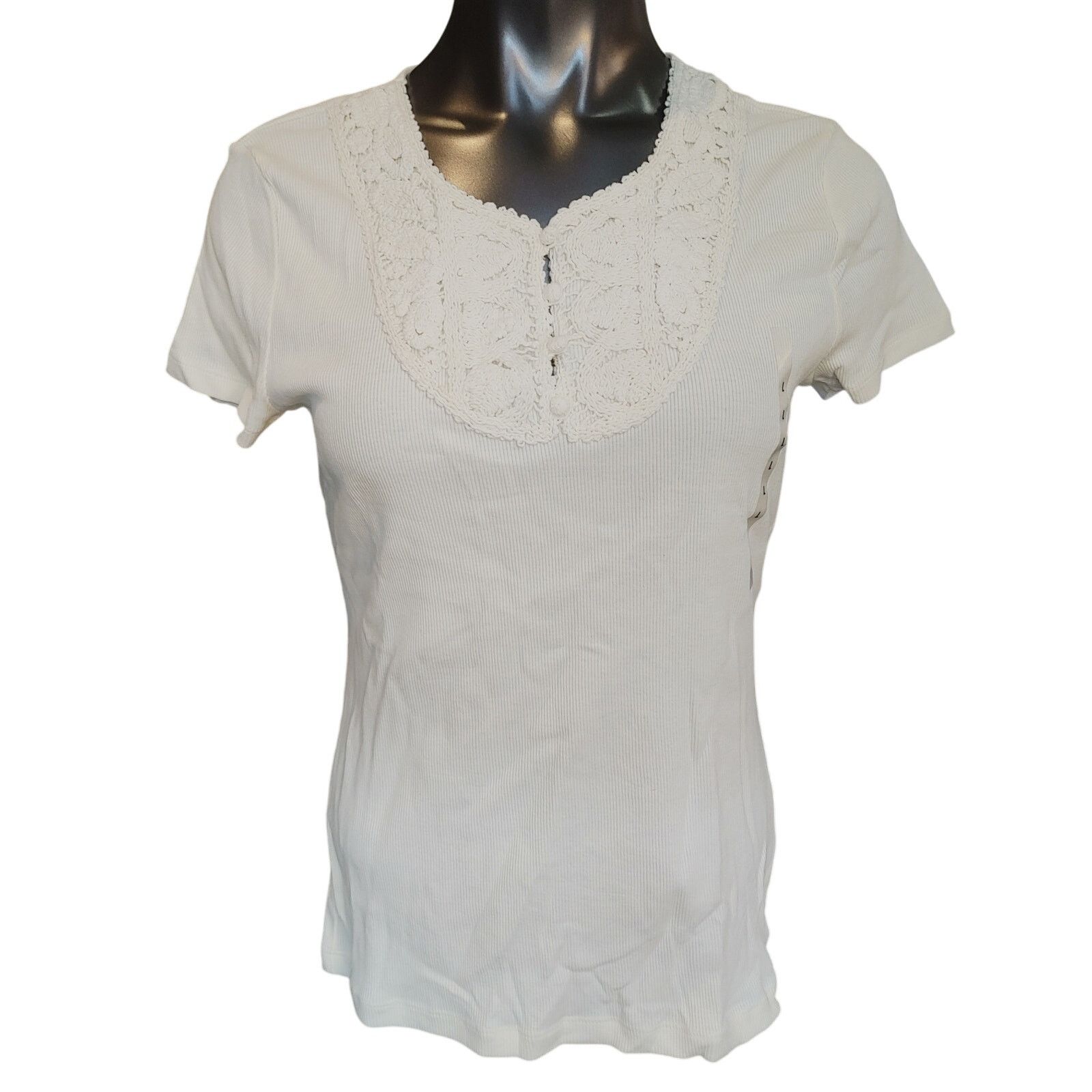 Jones New York Jones NY Signature Women's L White Lace Detail Ribbed Tee Size L / US 10 / IT 46 - 1 Thumbnail