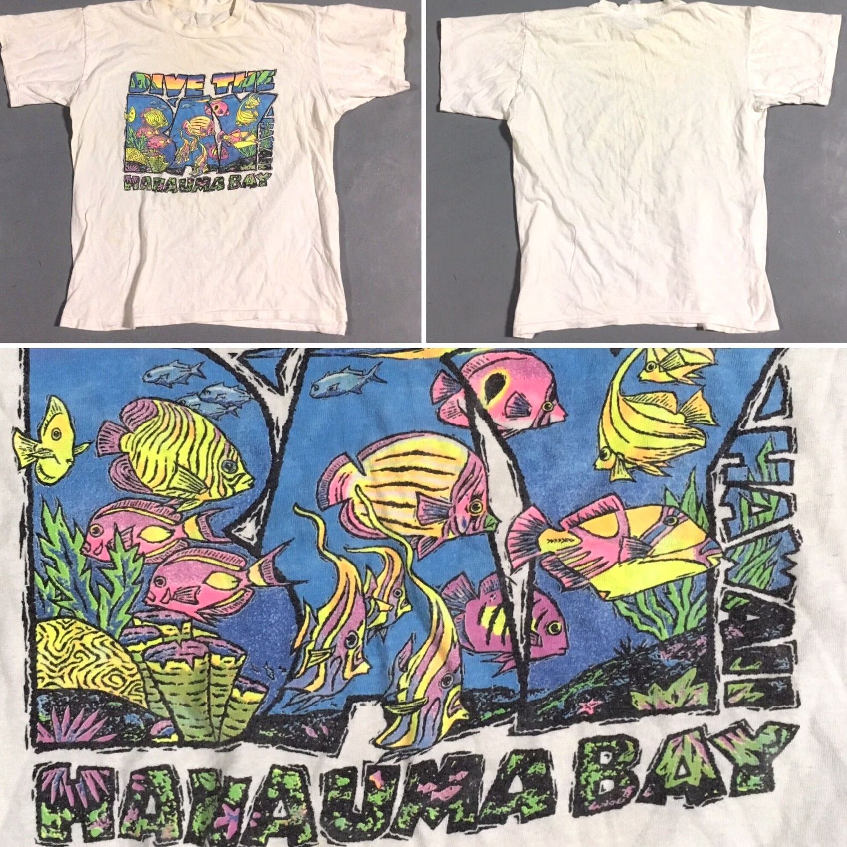 Vintage Vintage Dive Hanauma Bay Hawaii Neon Graphics Tee Single Stitch L XL 80s 90s Mens White Cotton Graphic Tee Beachwear Sportswear Mar9 Size US L / EU 52-54 / 3 - 4 Thumbnail