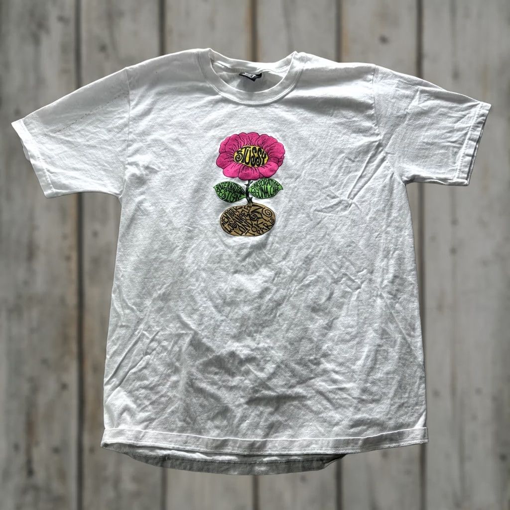 Pinko VTG Stussy Shirt Mens L White Pink Flower Graphic Tee Logo Cotton Streetwear Size US L / EU 52-54 / 3 - 1 Thumbnail