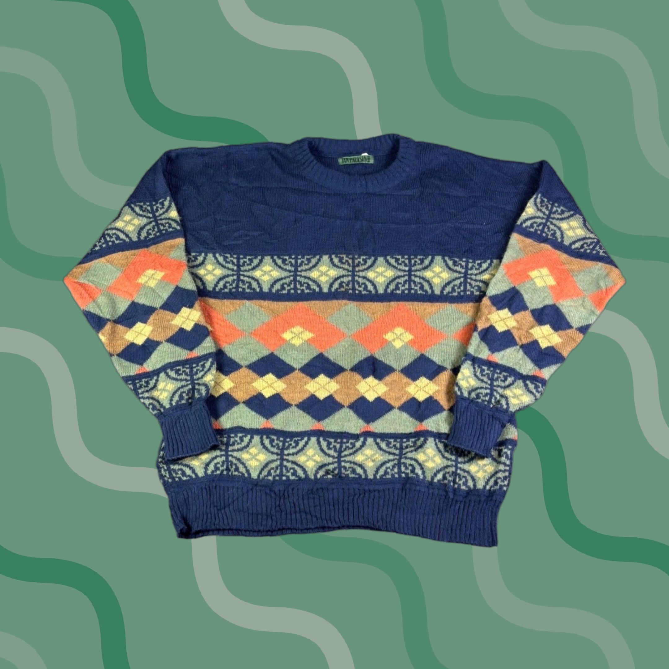 Vintage VINTAGE Jan Paulsen Crewneck Sweater Navy Blue Argyle Geometric Knit Mens XL Size US XL / EU 56 / 4 - 1 Thumbnail