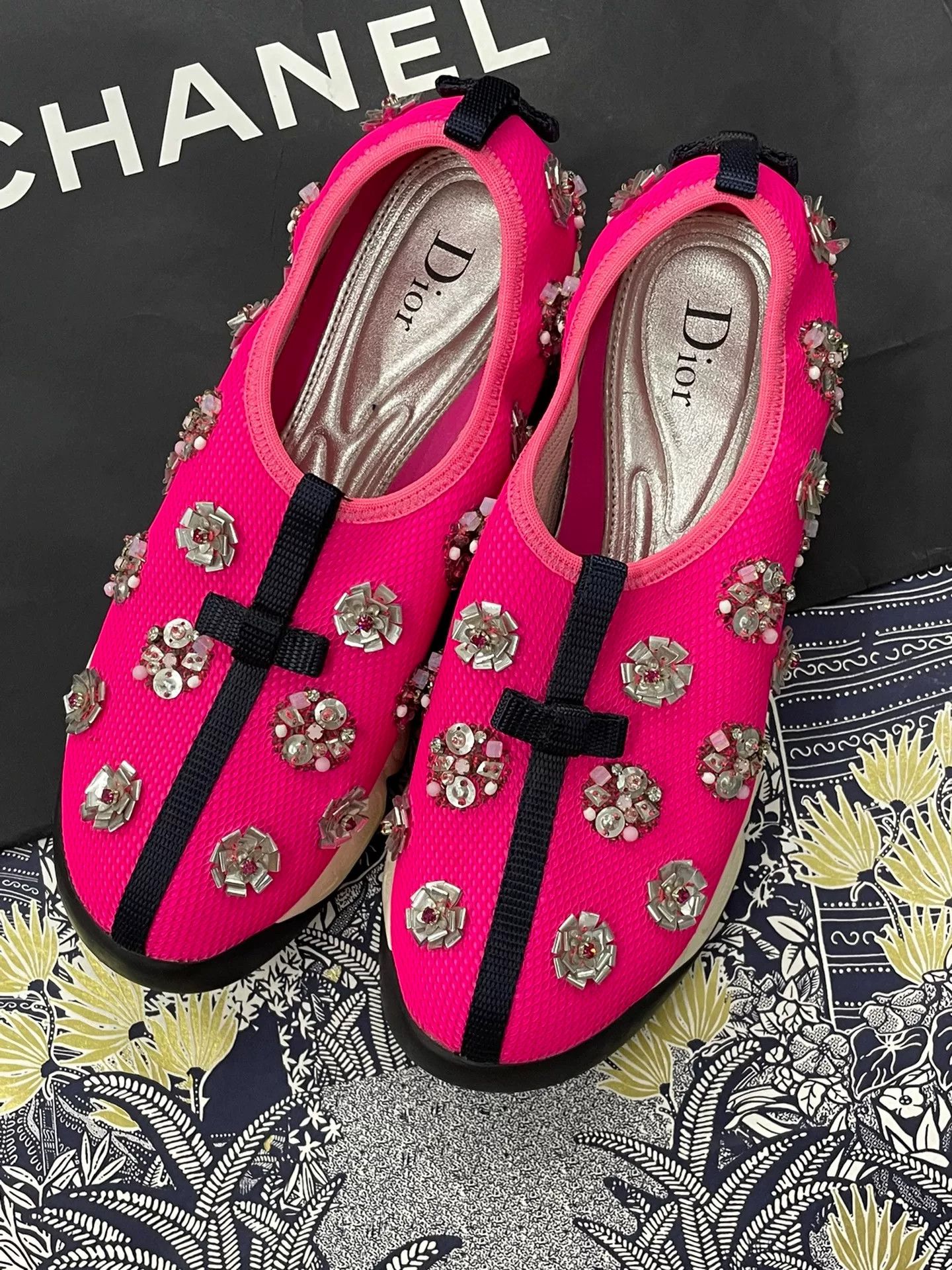 Dior Dior Pink Black Floral Beaded Sneakers Size US 6 / IT 36 - 1 Thumbnail