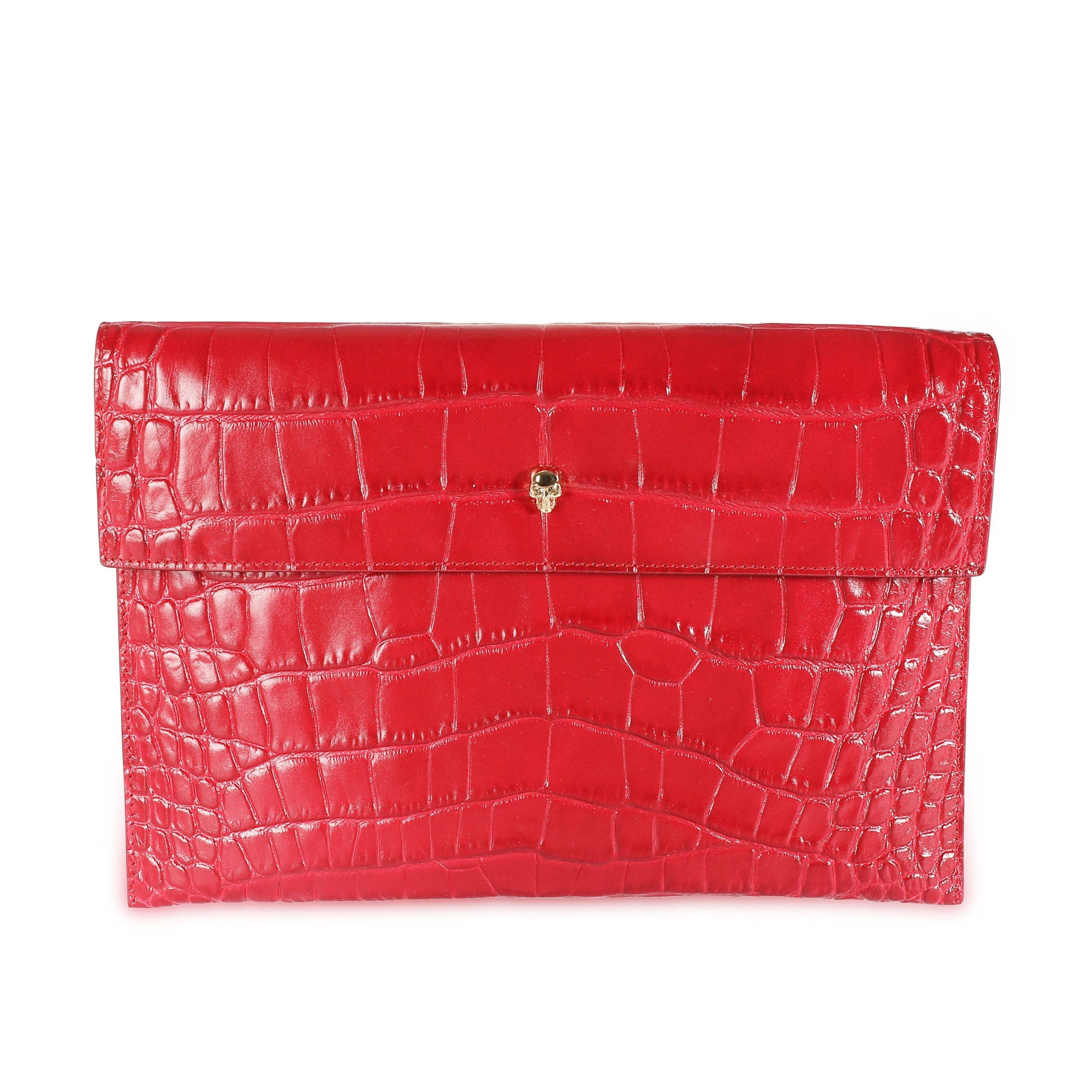 image of Alexander Mcqueen Red Crocodile-Embossed Leather Skull Pouch, Women's